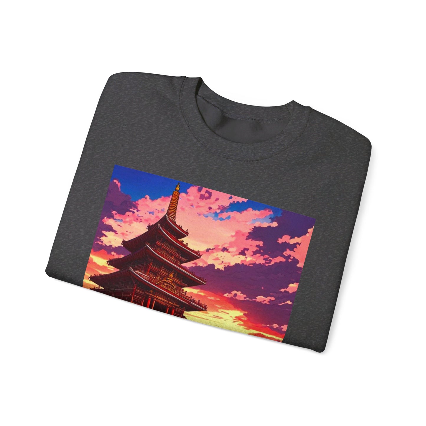 This is the Dark Heather Temple on the Sea Heavy Blend Crewneck Sweatshirt by Lee Hansheng Studios. This comes in sizes S-3XL. This is an image of the front of the sweatshirt folded. The illustration has a temple with 4 stories on the left. There are cloudy skies with a little bit of blue, white, red and pinks on the clouds. There is a little bit of the sunset peeking through behind the temple. It is yellow and red colors. The image of the sweatshirt is against a white background.