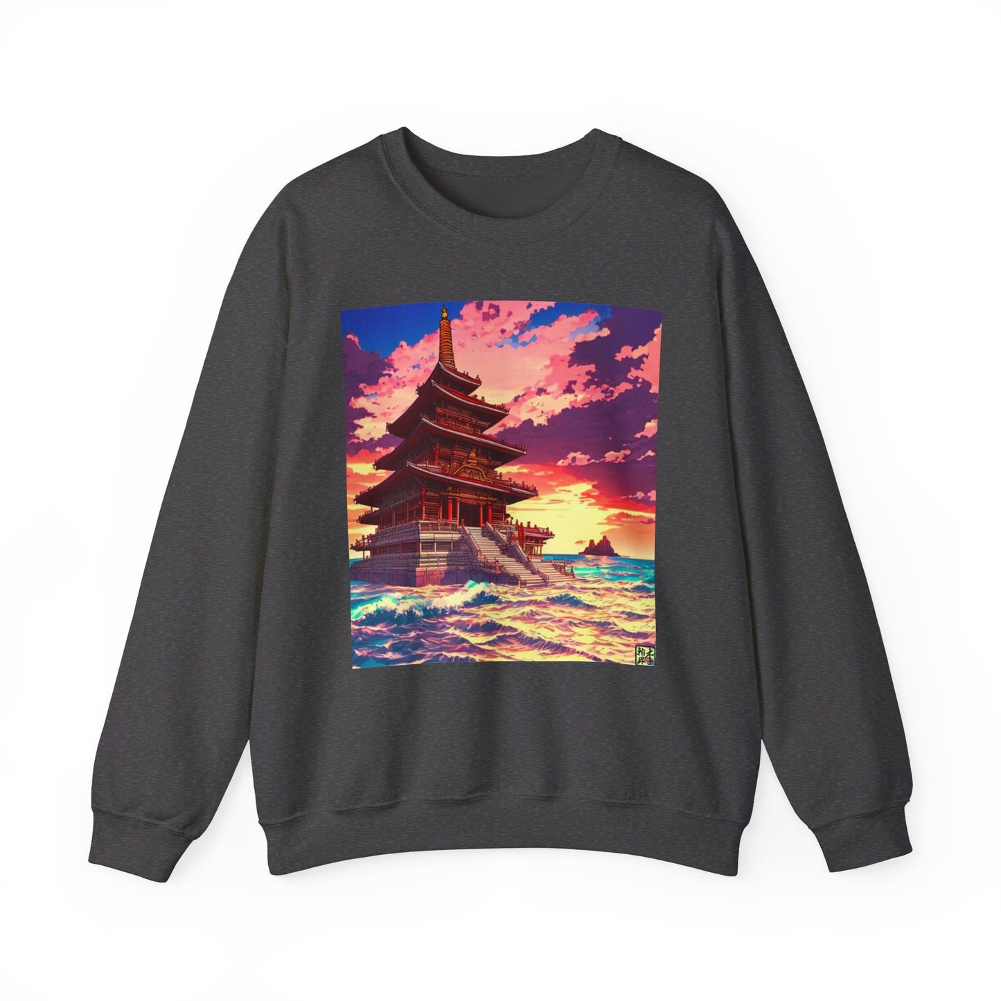This is the Dark Heather Temple on the Sea Heavy Blend Crewneck Sweatshirt by Lee Hansheng Studios. This comes in sizes S-3XL. This is an image of the front of the sweatshirt. The illustration has a temple with 4 stories on the left surround by crashing waves of the sea, mountains on the right in the background. There is a little bit of the sunset peeking through behind the temple. The colors are a mix of blues, pinks, reds and yellows. The image of the sweatshirt is against a white background.