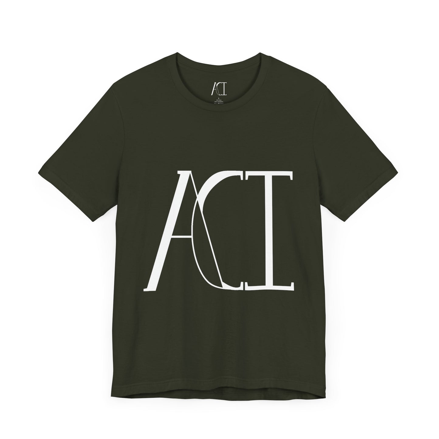 This is a dark olive crewneck ACI t-shirt. The front showcases a large ACI logo in the middle of the shirt. The print is white and is printed with the size label in white on the inside of the shirt. The tab also has the ACI logo.