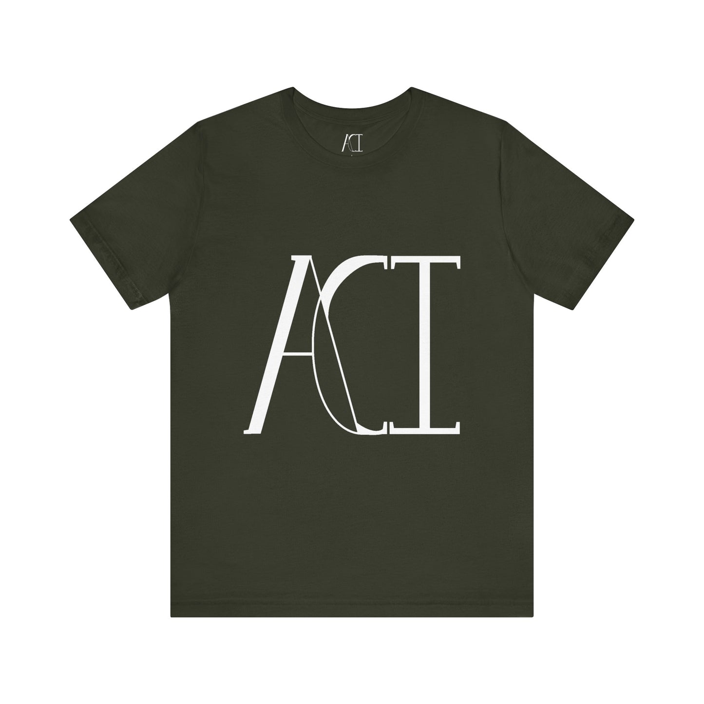 This is a dark olive crewneck ACI t-shirt. The front showcases a large ACI logo in the middle of the shirt. The print is white and is printed with the size label in white on the inside of the shirt. The tab also has the ACI logo. This is the flat front picture of the shirt.