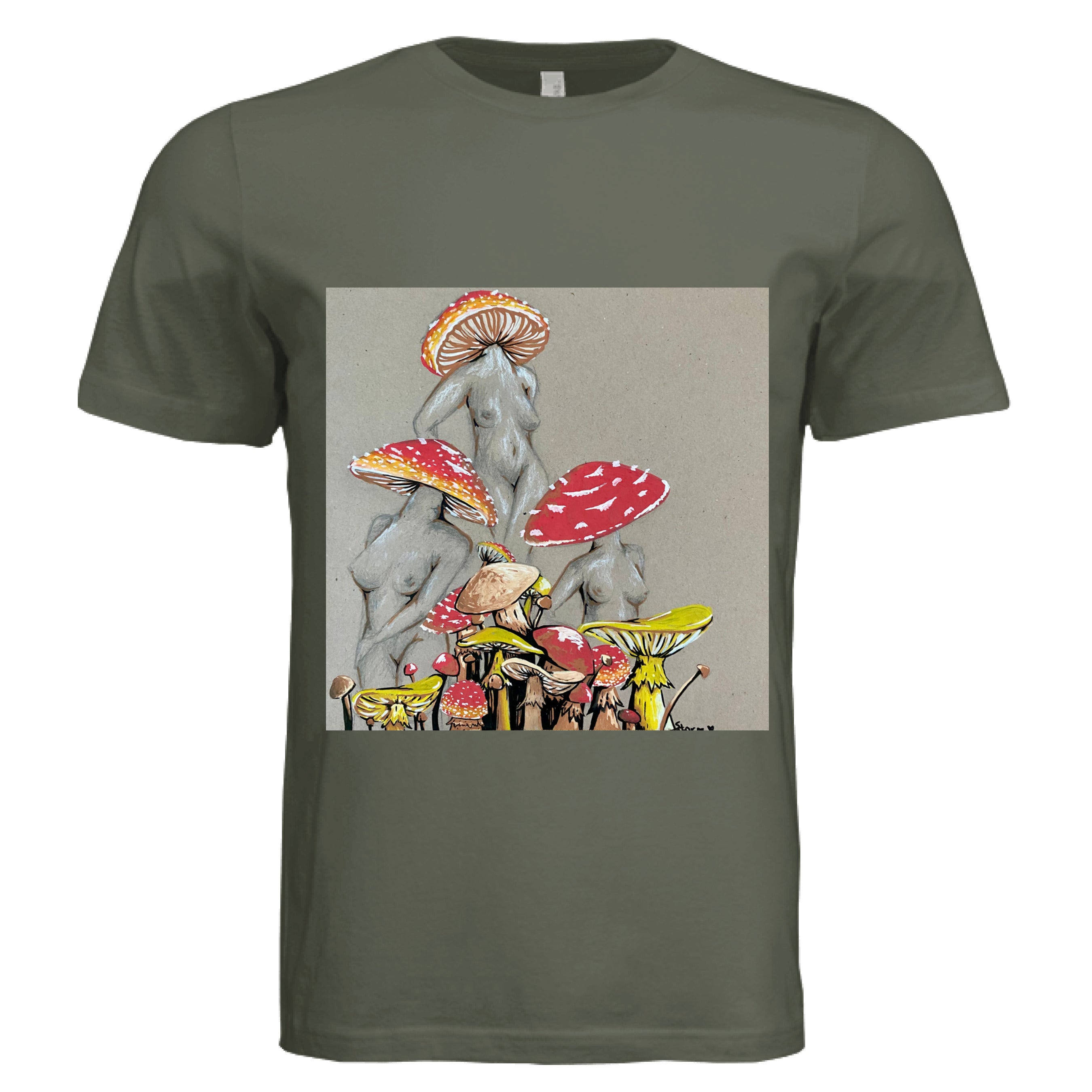 Close-up of Miss Amanita T-shirt’s crew neckline and soft cotton fabric detail in vibrant teal color