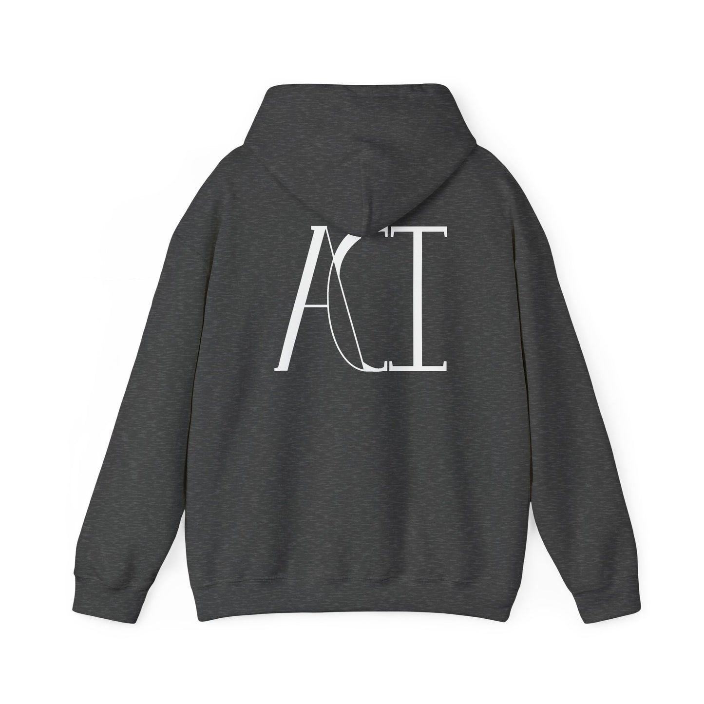 This is a dark heather ACI hoodie showcasing the back of it. The hood is not lifted up and the ACI logo is right below the hood. The logo is printed in white. The sleeves and end of the hoodie have stiching by the wrist and waist areas. The rest of the hoodie is the color dark heather.