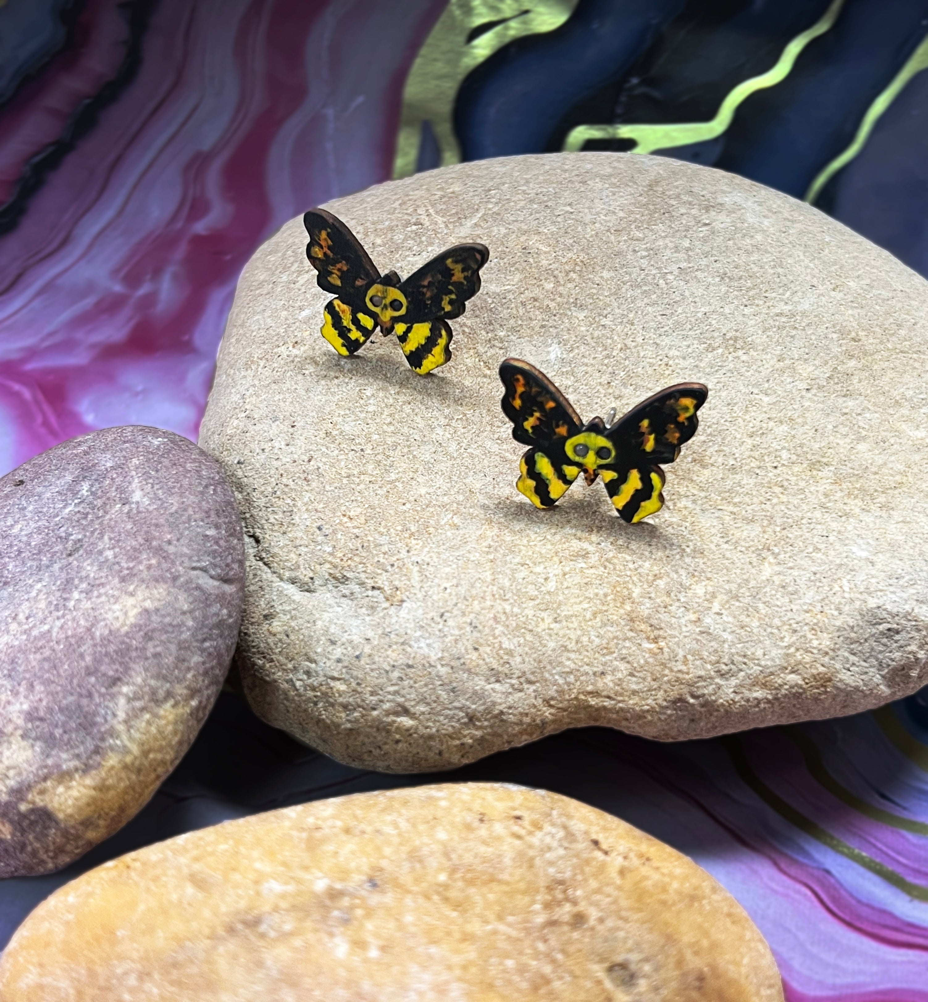 SGS Death' Head Hawkmoth Earrings featuring sterling silver with black enamel detailing, post back clasp, by The Art