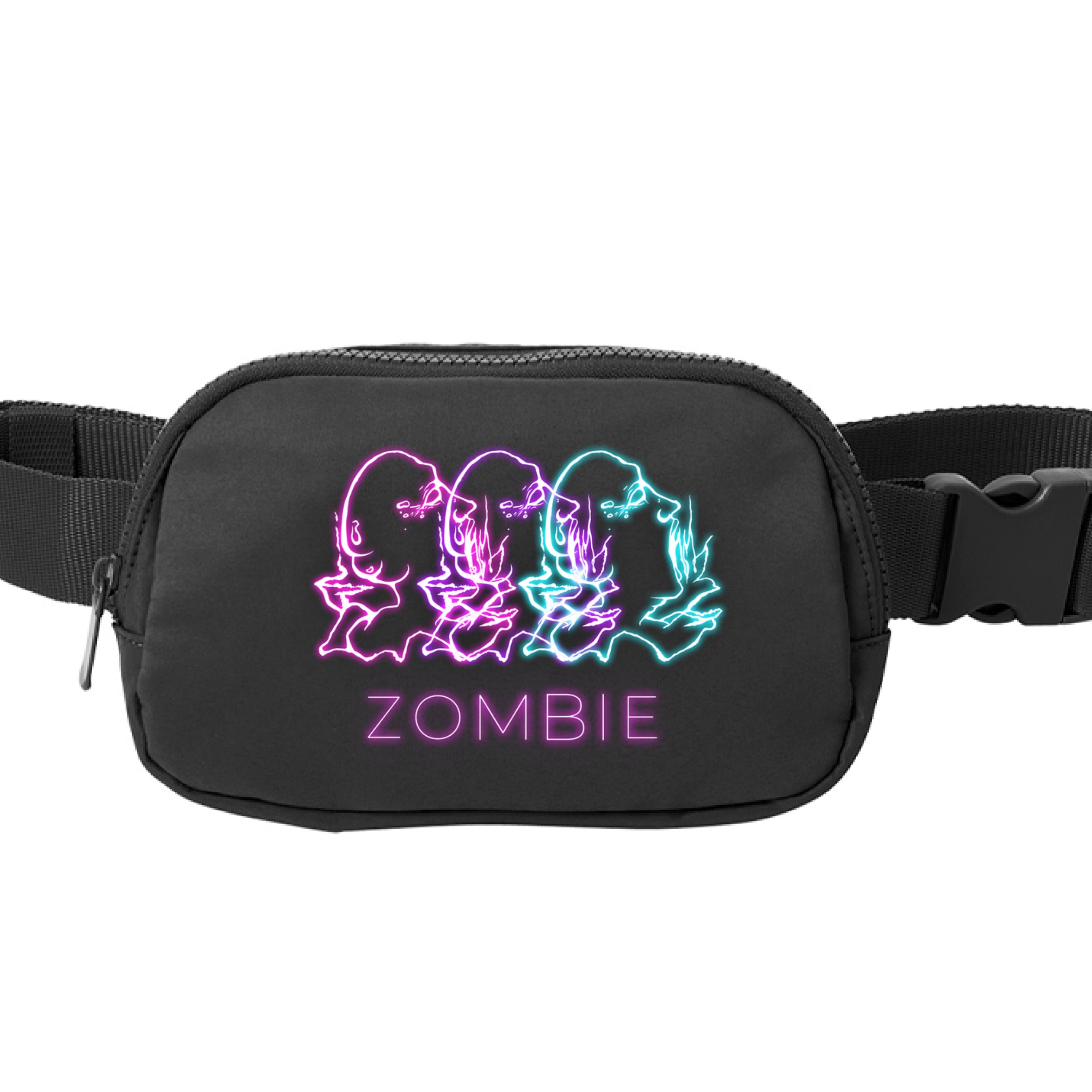 Zombie-themed black nylon hip pack with embossed textured surface, adjustable strap, and front zip pocket, designed by Chris