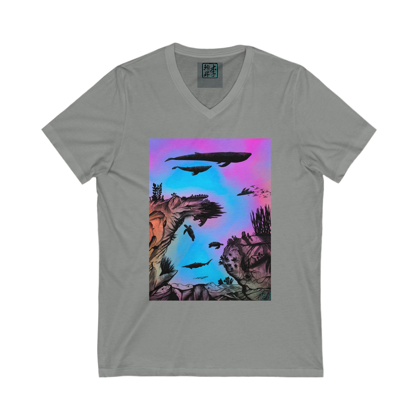This is the Deep Heather Into the Abyss V-Neck Tee by Lee Hansheng Studios. This shows the front of the shirt. The illustration is underwater seascape with aquatic plants on a marbled background. There are two blue whales, 1 goblin shark, school of eagle rays, two sea turtles and a school of fish. On the bottom right corner is the studio's logo printed in black outlined in blue. The inside of the shirt has a gray label with the studio logo and the size label underneath printed in white.