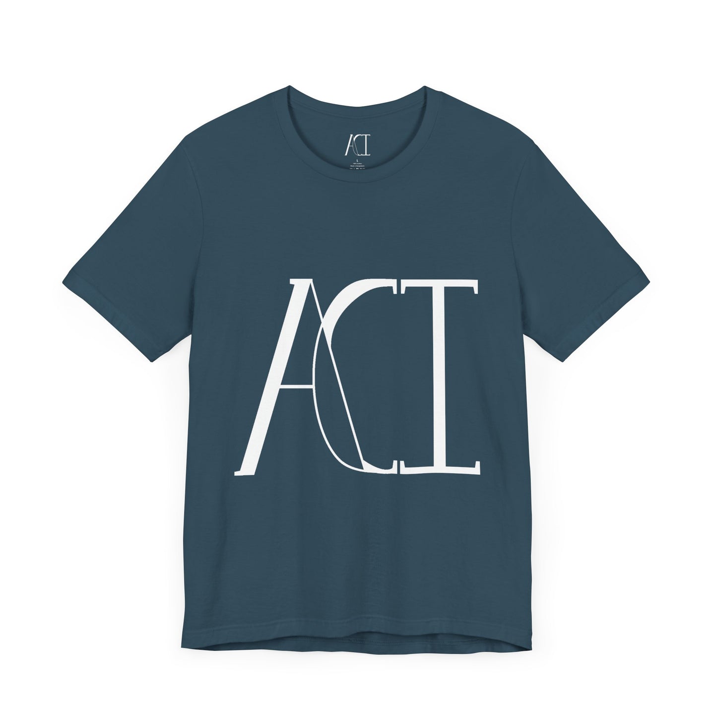 This is a dark teal crewneck ACI t-shirt. The front showcases a large ACI logo in the middle of the shirt. The print is white and is printed with the size label in white on the inside of the shirt. The tab also has the ACI logo.