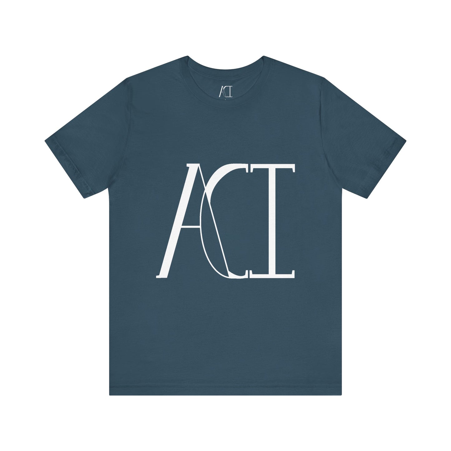 This is a deep teal crewneck ACI t-shirt. The front showcases a large ACI logo in the middle of the shirt. The print is white and is printed with the size label in white on the inside of the shirt. The tab also has the ACI logo. This is the flat front picture of the shirt.