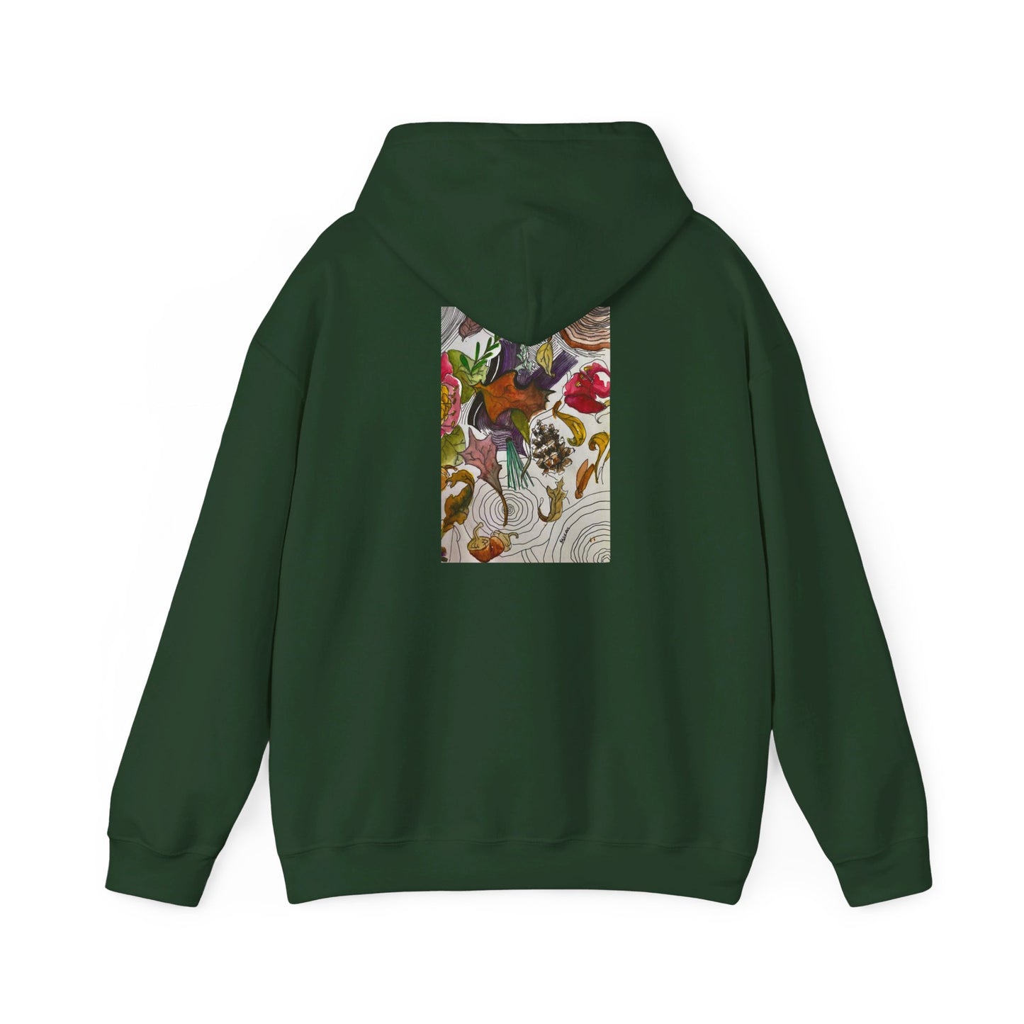 This is the Forest Green Fall is falling Heavy Blend Hooded Sweatshirt by Storm Garden Studio. It comes in sizes S-5XL. The image is from the back with the hood down. The drawstring is color matched. The illustration is within a rectangle starting from the upper back to mid back. There are various conifers like leaves,pine cones,etc. There are also some flowers and a tree trunk ring.The colors are red, yellow, dark brown, purples, and green. It is against from a white background.