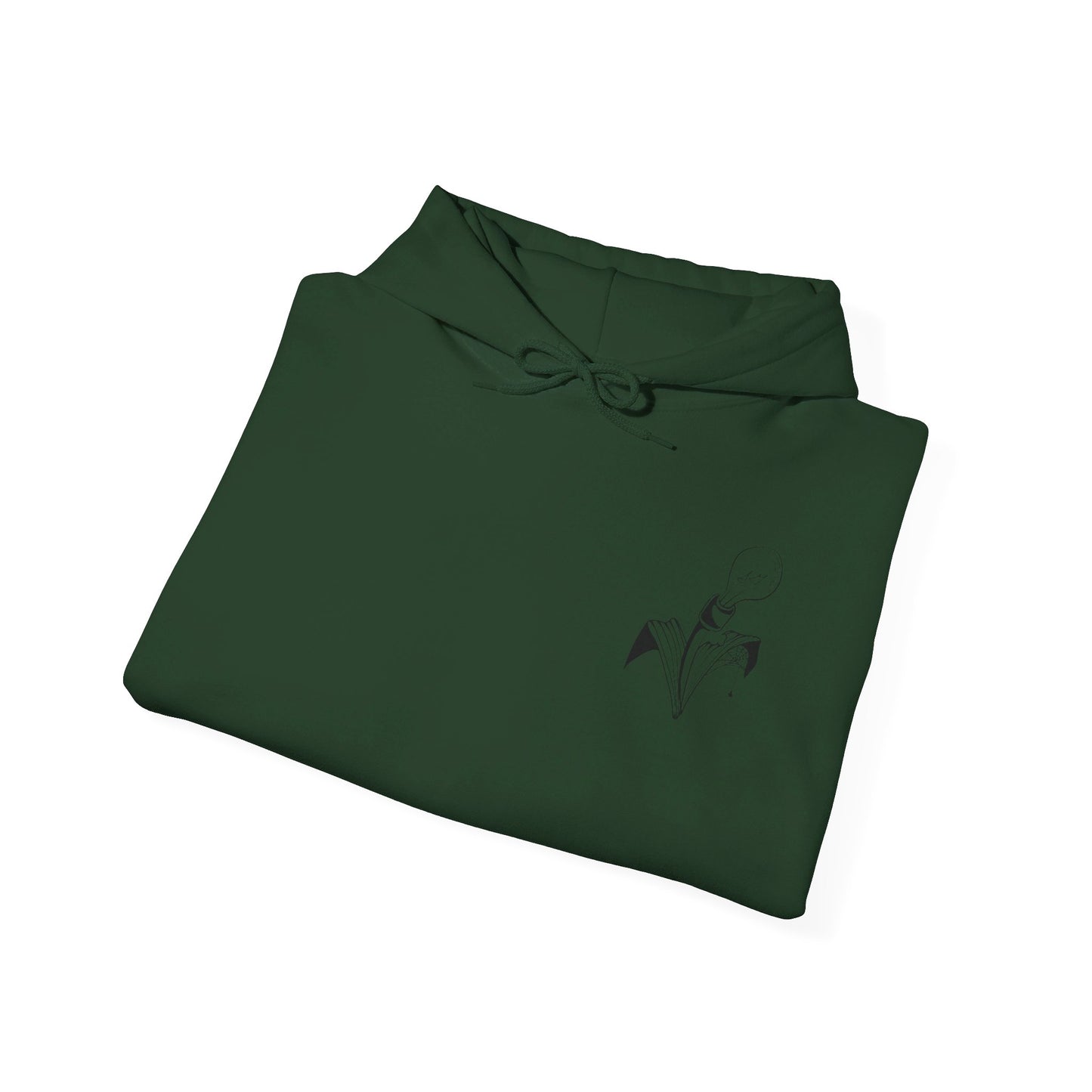 This is the Forest Green Fall is falling Heavy Blend Hooded Sweatshirt by Storm Garden Studio. It comes in sizes S-5XL. The image is the sweatshirt folded from the front. The drawstring is color matched and has Storm Garden Studio logo printed in black on the left breast area. It is against a white background.