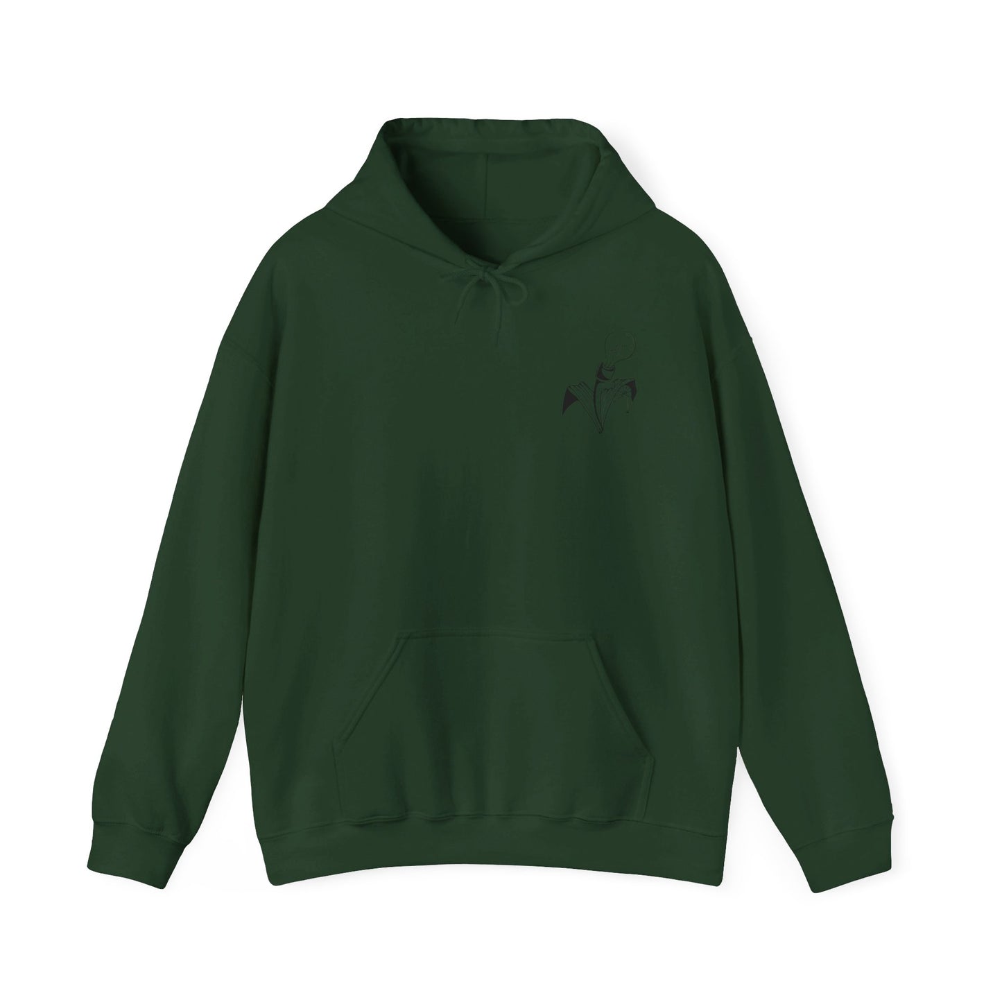 This is the Forest Green Fall is falling Heavy Blend Hooded Sweatshirt by Storm Garden Studio. It comes in sizes S-5XL. The image is the sweatshirt from the front. The drawstring is color matched and has Storm Garden Studio logo printed in black on the left breast area. There is a large kangaroo pocket and is hemmed on sleeves/end of sweater. It is against a white background.