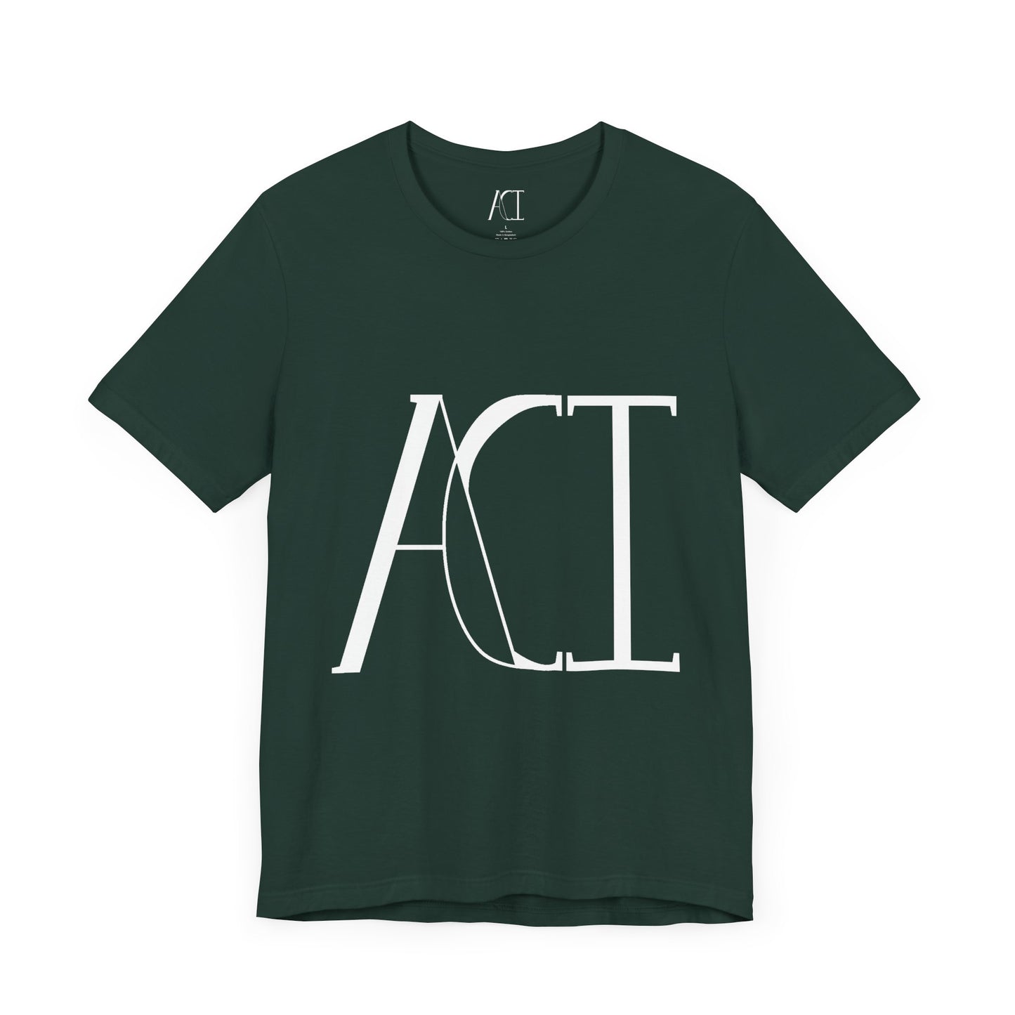 This is a forest crewneck ACI t-shirt. It is a dark green color. The front showcases a large ACI logo in the middle of the shirt. The print is white and is printed with the size label in white on the inside of the shirt. The tab also has the ACI logo.