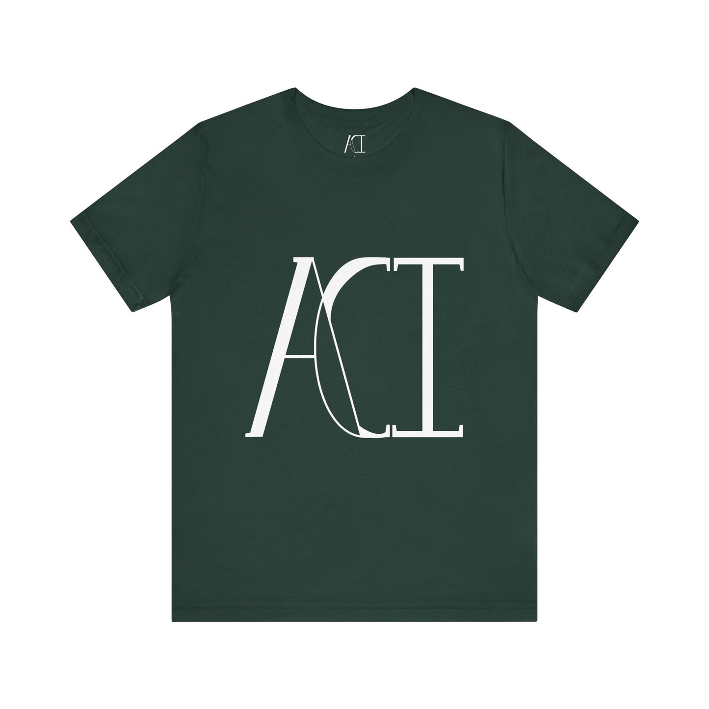 This is a forest crewneck ACI t-shirt. The front showcases a large ACI logo in the middle of the shirt. The print is white and is printed with the size label in white on the inside of the shirt. The tab also has the ACI logo. This is the flat front picture of the shirt.
