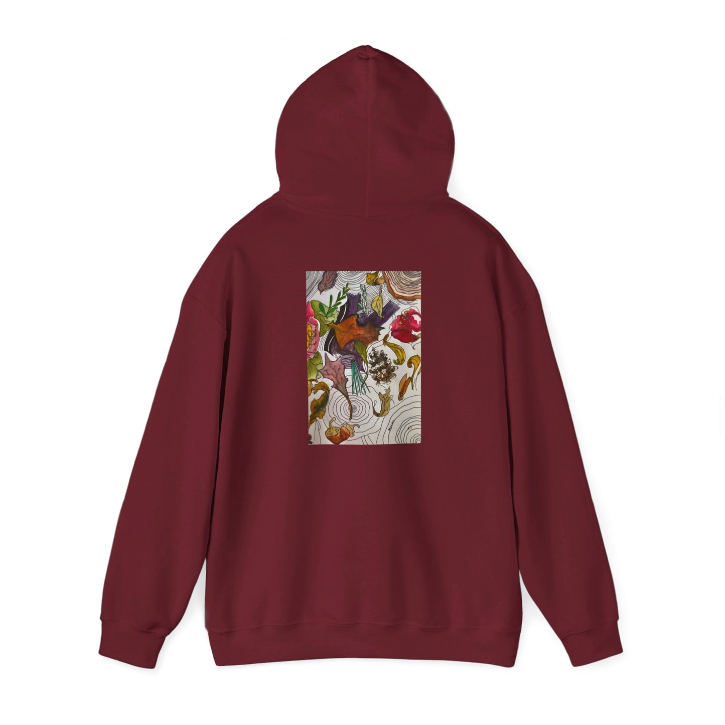 This is the Garnet Fall is falling Heavy Blend Hooded Sweatshirt by Storm Garden Studio. It comes in sizes S-5XL. The image is from the back with the hood up to show the shoulder area. The drawstring is color matched. The illustration is within a rectangle starting from the upper back to mid back. There are various conifers like leaves,pine cones,etc. There are also some flowers and a tree trunk ring.The colors are red, yellow, dark brown, purples, and green. It is against from a white background.