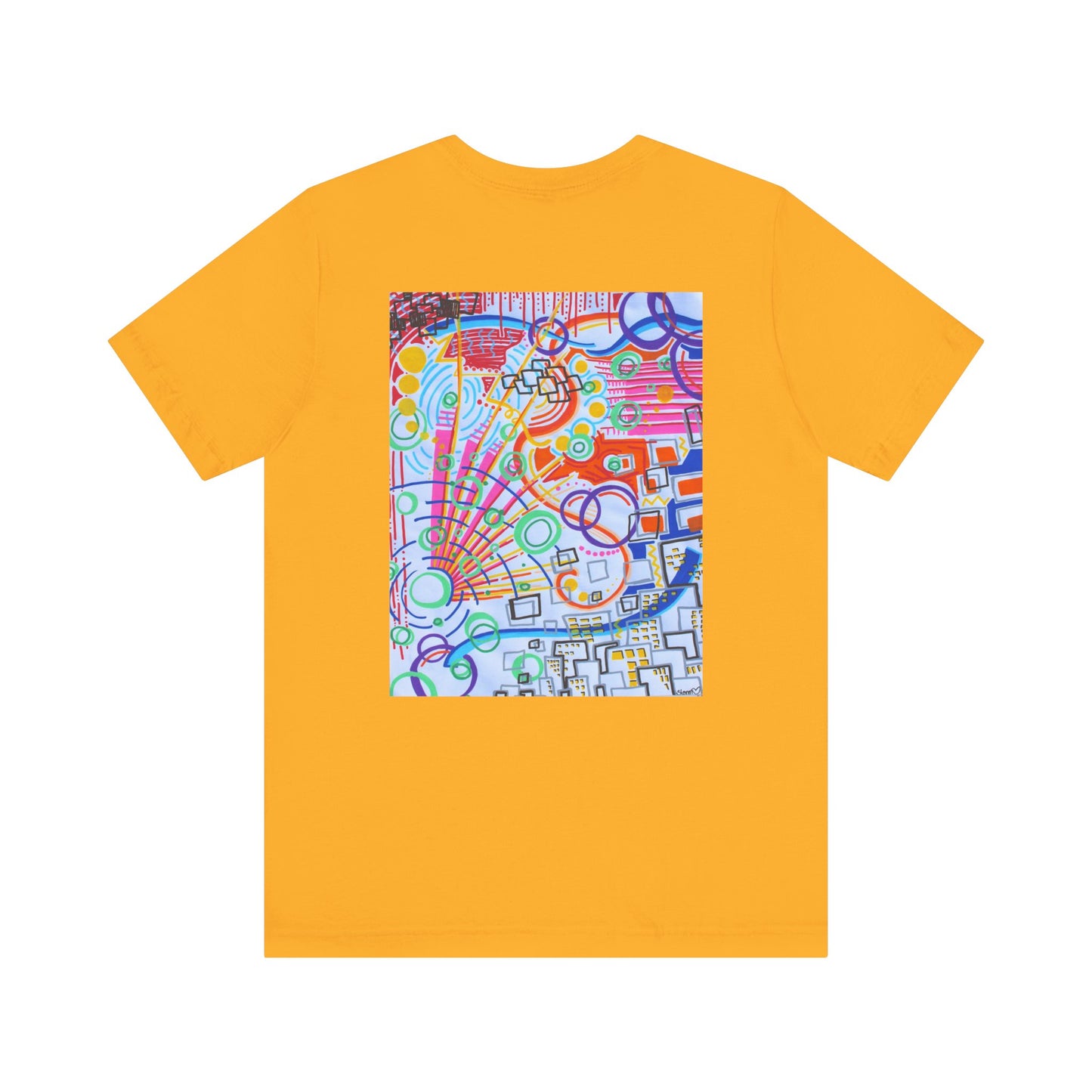 This is the Gold The City Jersey T-Shirt by Storm Garden Studio. This showcases the back of the shirt. The image is from the upper back to the mid waist. The illustration is rectangular shaped and has a multitude of colors like blue, red, pink, yellow, green and light blue. It is an abstract image with building shapes, circles and squiggles. This is against a white background.