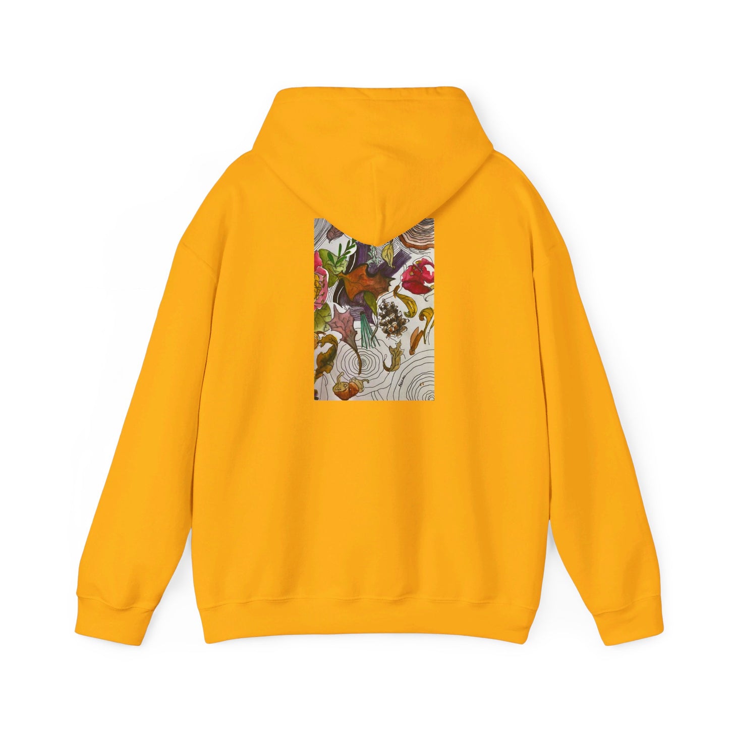 This is the Gold Fall is falling Heavy Blend Hooded Sweatshirt by Storm Garden Studio. It comes in sizes S-5XL. The image is from the back with the hood down. The drawstring is color matched. The illustration is within a rectangle starting from the upper back to mid back. There are various conifers like leaves,pine cones,etc. There are also some flowers and a tree trunk ring.The colors are red, yellow, dark brown, purples, and green. It is against from a white background.
