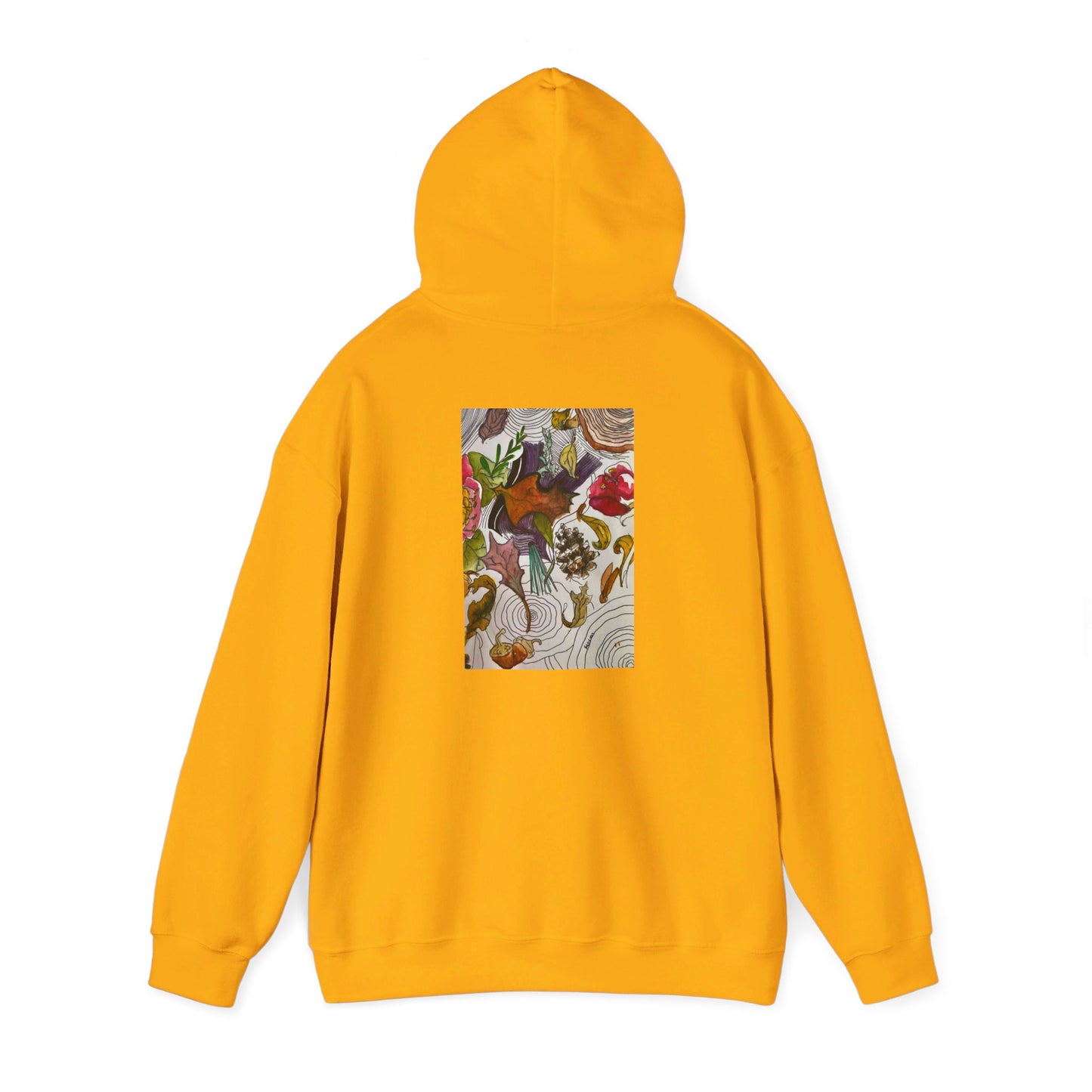 This is the Gold Fall is falling Heavy Blend Hooded Sweatshirt by Storm Garden Studio. It comes in sizes S-5XL. The image is from the back with the hood up to show the shoulder area. The drawstring is color matched. The illustration is within a rectangle starting from the upper back to mid back. There are various conifers like leaves,pine cones,etc. There are also some flowers and a tree trunk ring.The colors are red, yellow, dark brown, purples, and green. It is against from a white background.
