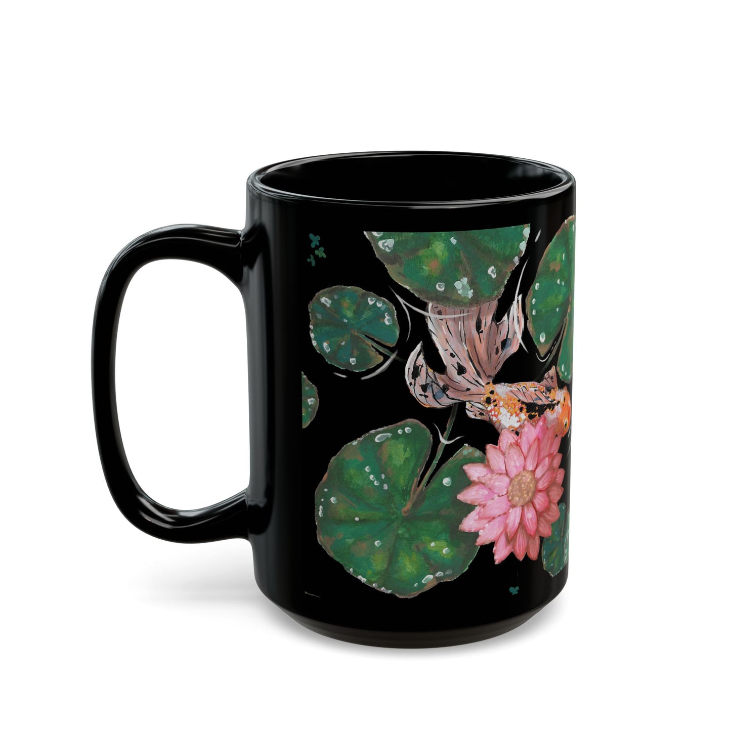 This is the 15 oz Goldfish Mug designed by Chris Foster Design. The image is shown from the left with all around print. There are six green lily pads of different sizes with water droplets reflected in clear/white. There is a speckled white, orange and black goldfish swimming past the pink lily flower. The water is clear matching the color of the mug which is black. The mug is ceramic with a glossy finish.
