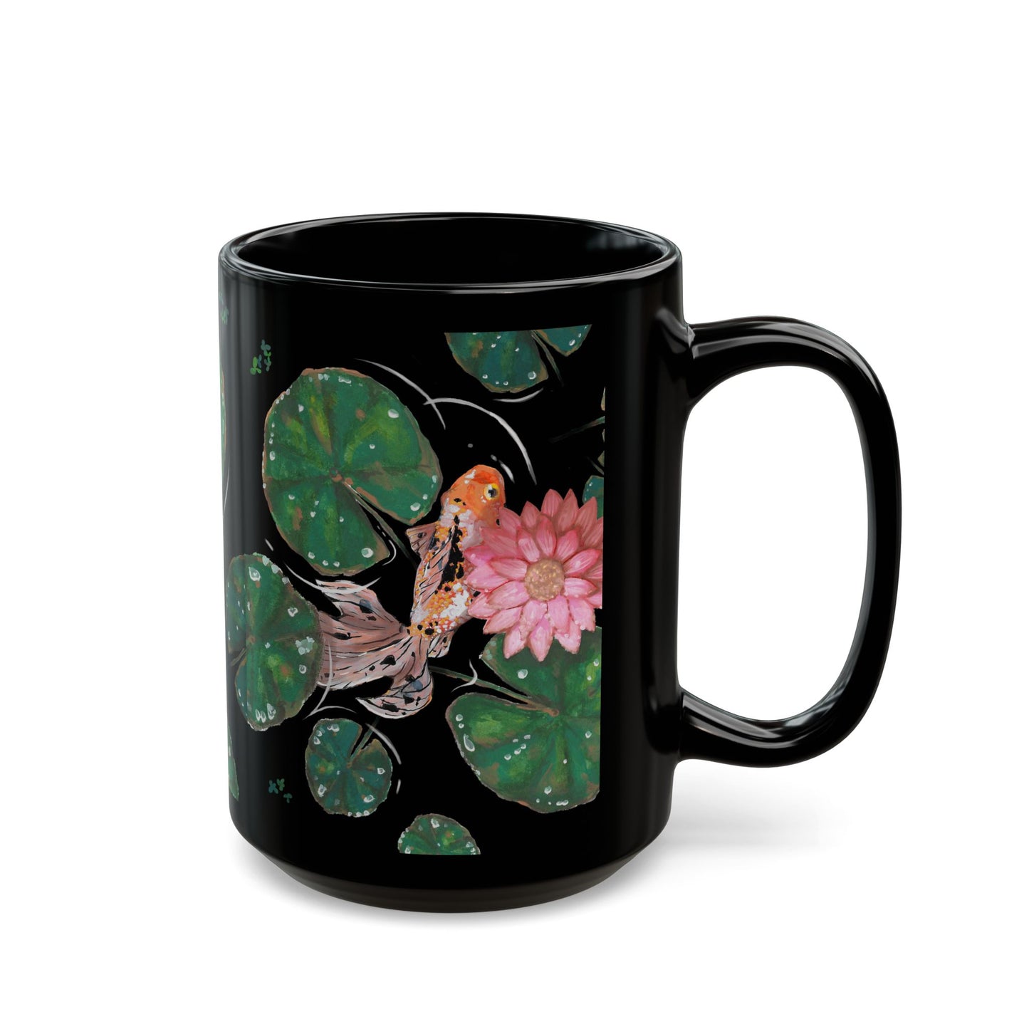 This is the 15 oz Goldfish Mug designed by Chris Foster Design. The image is shown from the right with all around print. There are seven green lily pads of different sizes with water droplets reflected in clear/white. There is another speckled white, orange and black goldfish that can be fully seen swimming under a pink lily flower. The goldfish has three orange/pink tail fins. The water ripples and is clear matching the color of the mug which is black. The mug is ceramic with a glossy finish.