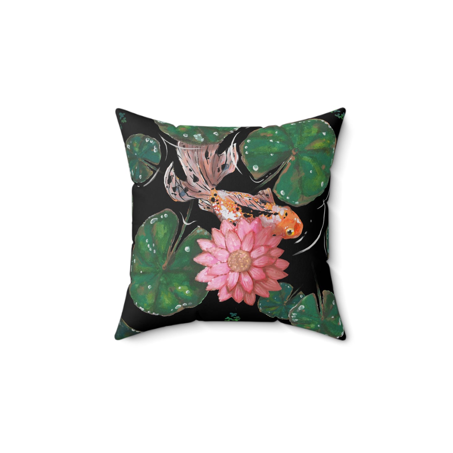 This is the 14" x 14" Goldfish Pillow by Chris Foster Design. This shows the back of the pillow. The illustration has the background in black, nine dark or light green lily pads, small foliage, one orange, white and black goldfish and a pink blooming flower. The print is on both sides of the pillow. The pillow is against a white background.
