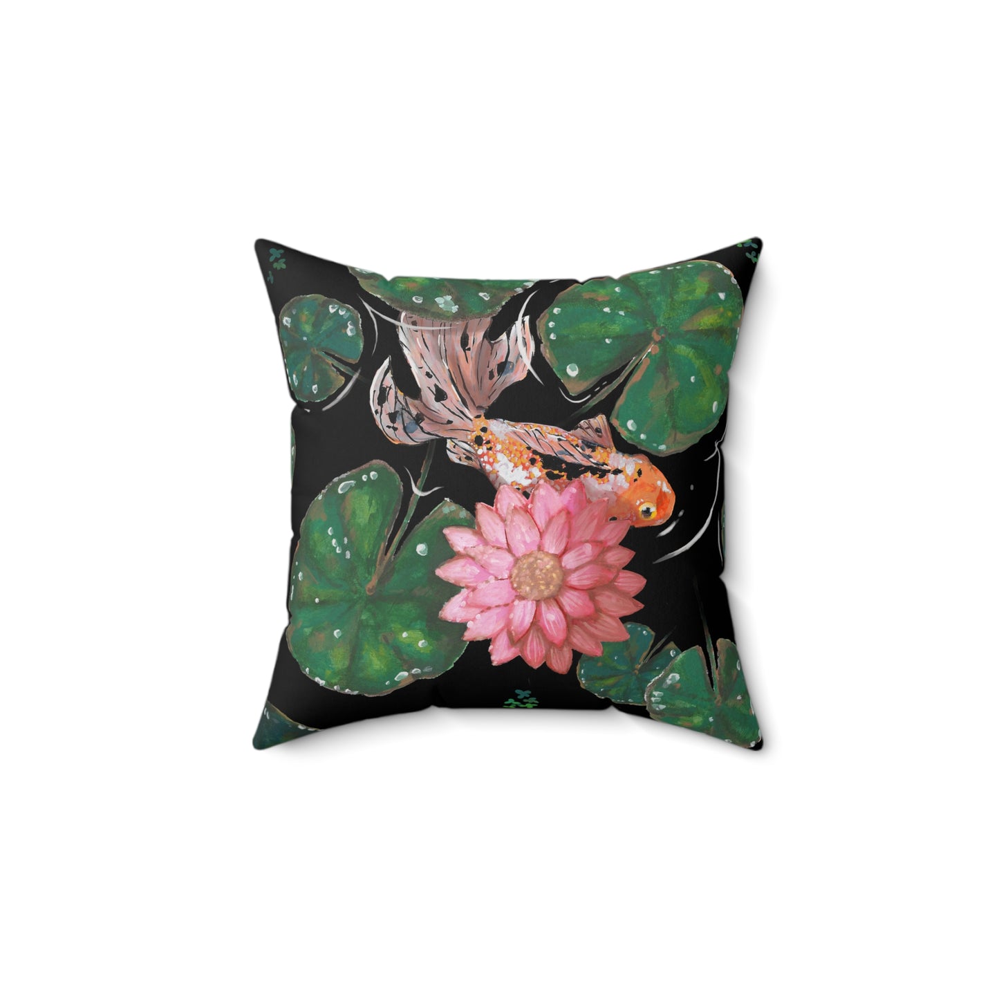 This is the 14" x 14" Goldfish Pillow by Chris Foster Design. This shows the front of the pillow. The illustration has the background in black, nine dark or light green lily pads, small foliage, one orange, white and black goldfish and a pink blooming flower. The print is on both sides of the pillow. The pillow is against a white background.