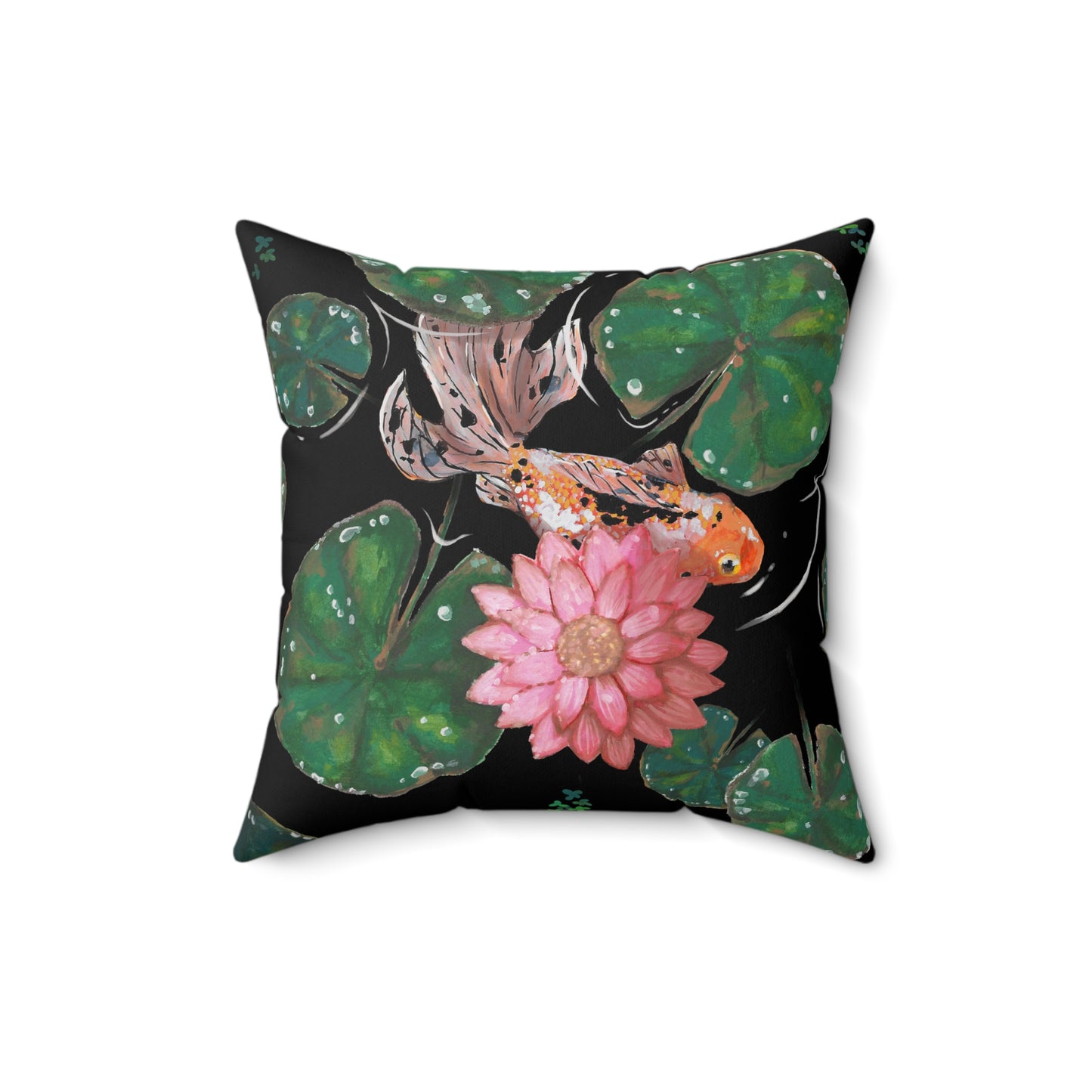 This is the 16" x 16" Goldfish Pillow by Chris Foster Design. This shows the front of the pillow. The illustration has the background in black, nine dark or light green lily pads, small foliage, one orange, white and black goldfish and a pink blooming flower. The print is on both sides of the pillow. The pillow is against a white background.