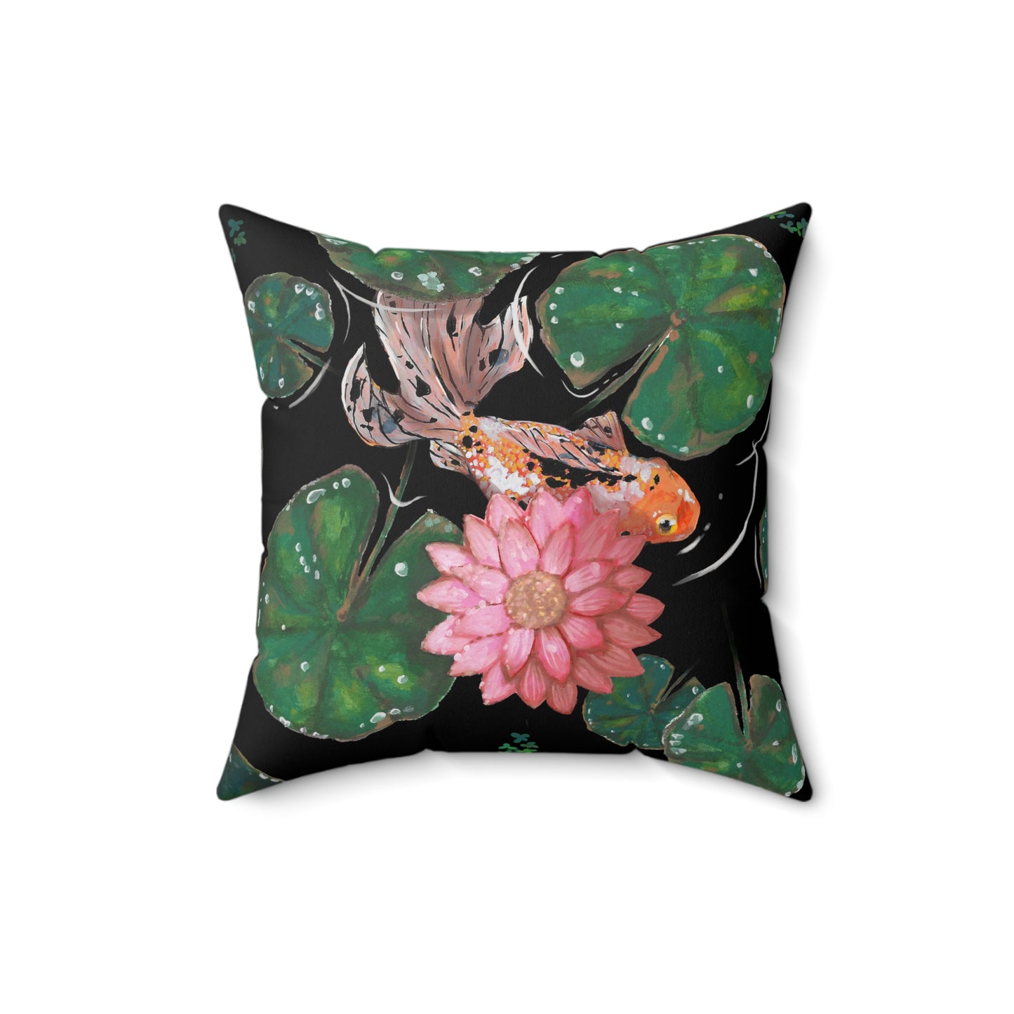 This is the 18" x 18" Goldfish Pillow by Chris Foster Design. This shows the back of the pillow. The illustration has the background in black, nine dark or light green lily pads, small foliage, one orange, white and black goldfish and a pink blooming flower. The print is on both sides of the pillow. The pillow is against a white background.