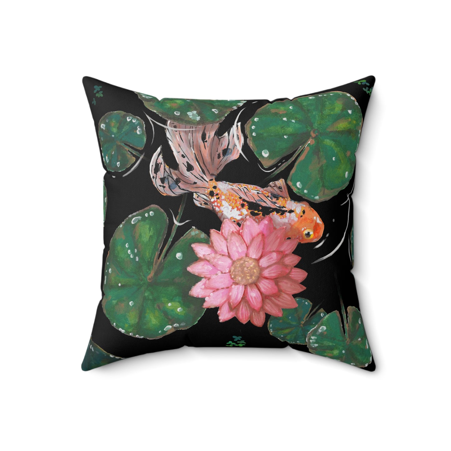 This is the 18" x 18" Goldfish Pillow by Chris Foster Design. This shows the front of the pillow. The illustration has the background in black, nine dark or light green lily pads, small foliage, one orange, white and black goldfish and a pink blooming flower. The print is on both sides of the pillow. The pillow is against a white background.