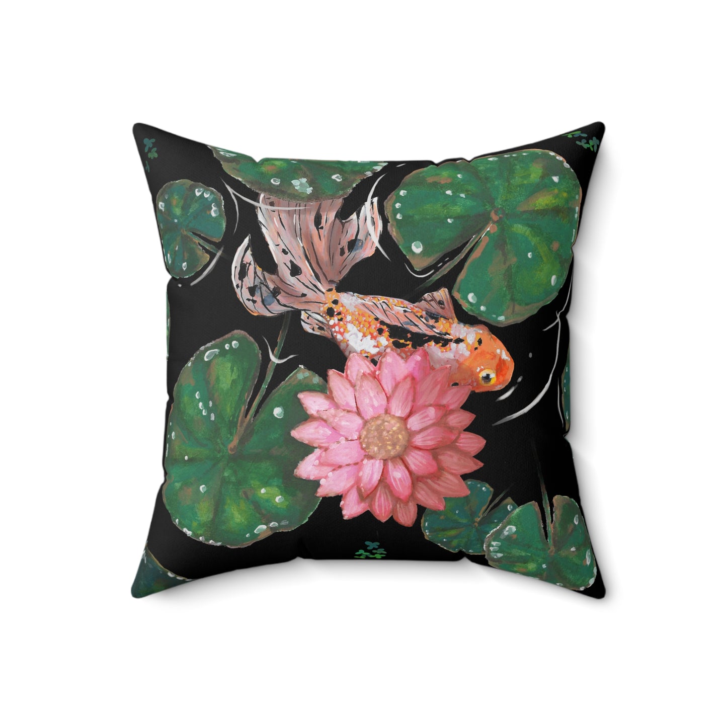 This is the 20" x 20" Goldfish Pillow by Chris Foster Design. This shows the back of the pillow. The illustration has the background in black, nine dark or light green lily pads, small foliage, one orange, white and black goldfish and a pink blooming flower. The print is on both sides of the pillow. The pillow is against a white background.