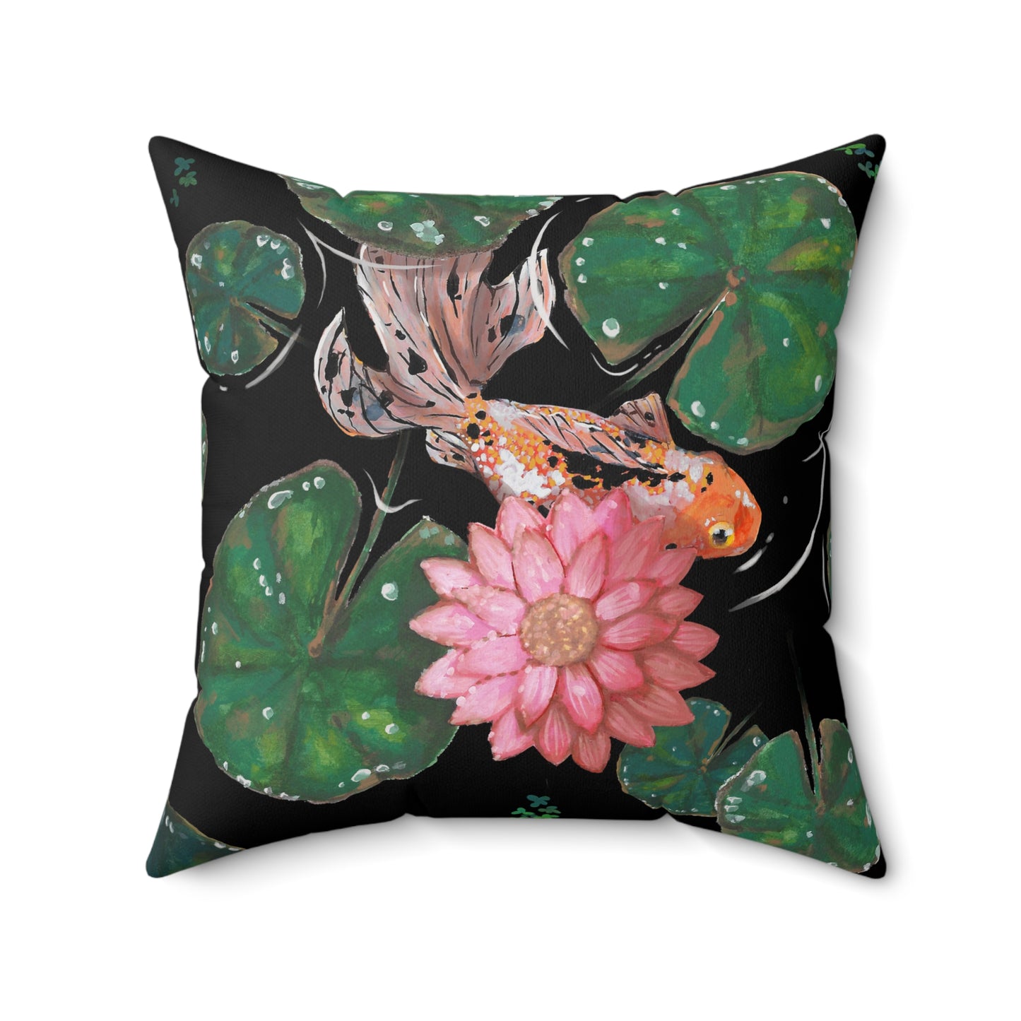 This is the 20" x 20" Goldfish Pillow by Chris Foster Design. This shows the front of the pillow. The illustration has the background in black, nine dark or light green lily pads, small foliage, one orange, white and black goldfish and a pink blooming flower. The print is on both sides of the pillow. The pillow is against a white background.