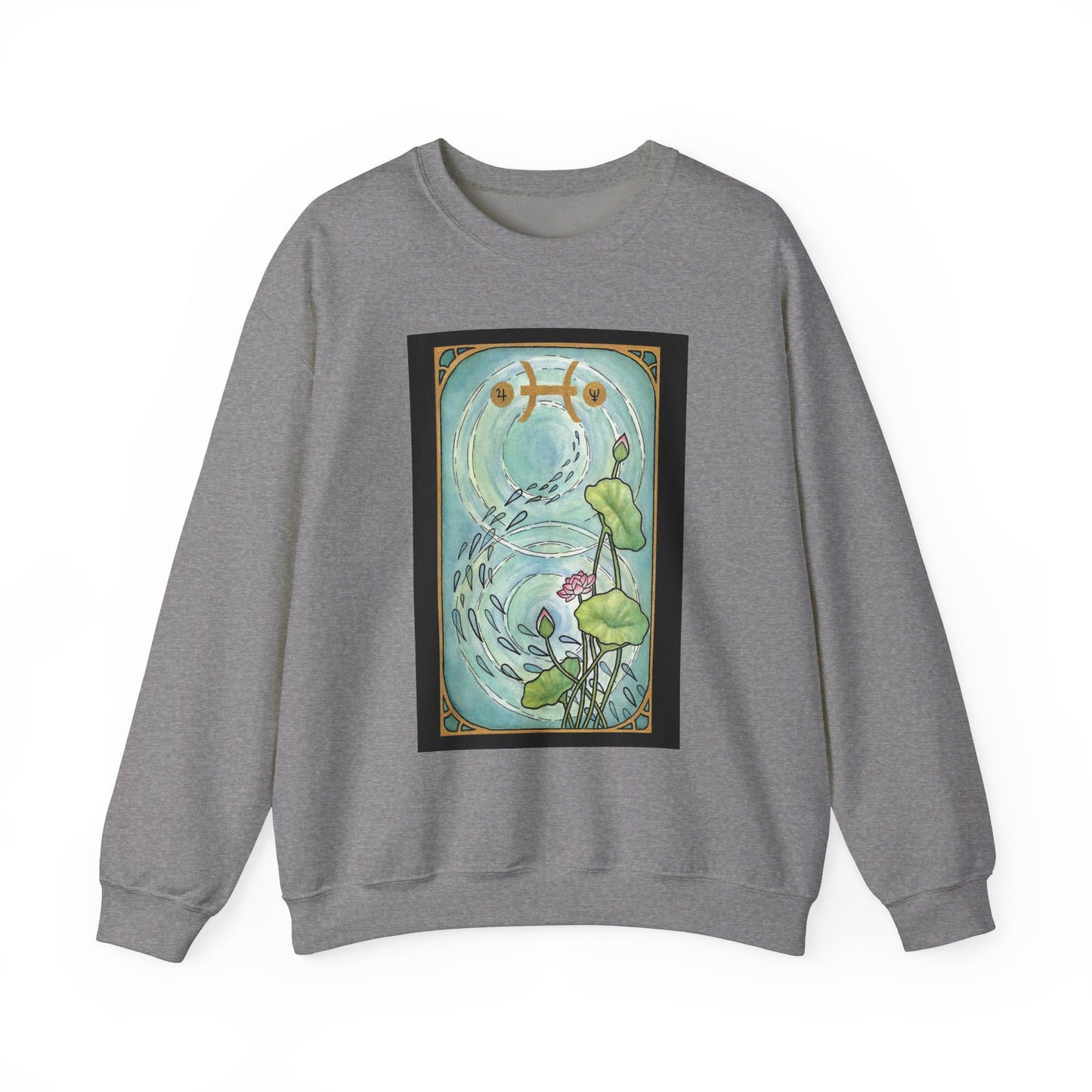 This is the Graphite Heather Pisces Sweatshirt by Chris Foster Design that comes in sizes S-3XL and illustration starts from the upper chest till below the belly button. This is an image of the front of the sweatshirt. Designed like a tarot card with a gold intricate border and pisces symbol. In the background a pond that has two circular ripples, the right side has the lily flowers growing upwards with two green leaves, one blooming pink flower, two buds, and a green trail of seeds.