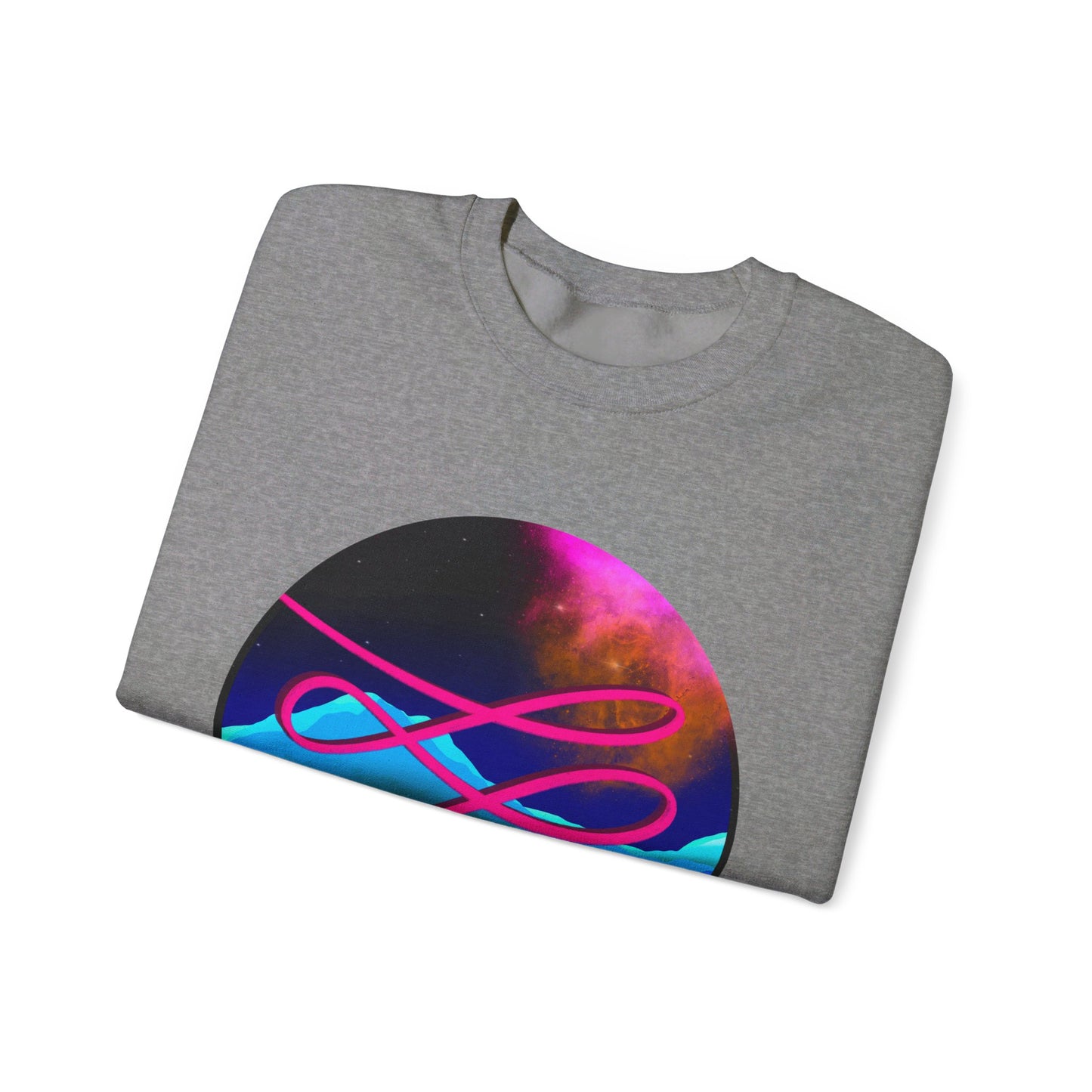 This is the Graphite Heather Swirl Heavy Blend Crewneck Sweatshirt by Lee Hansheng Studios. It comes in sizes S-3XL. This is an image of the front of the sweatshirt folded. The illustration is circular and covers the front of the shirt. The design is a hot pink swirl from left to right. The background has a mountain landscape that is reflected. The colors are pink, black, orange and blue. The image is against a white background.