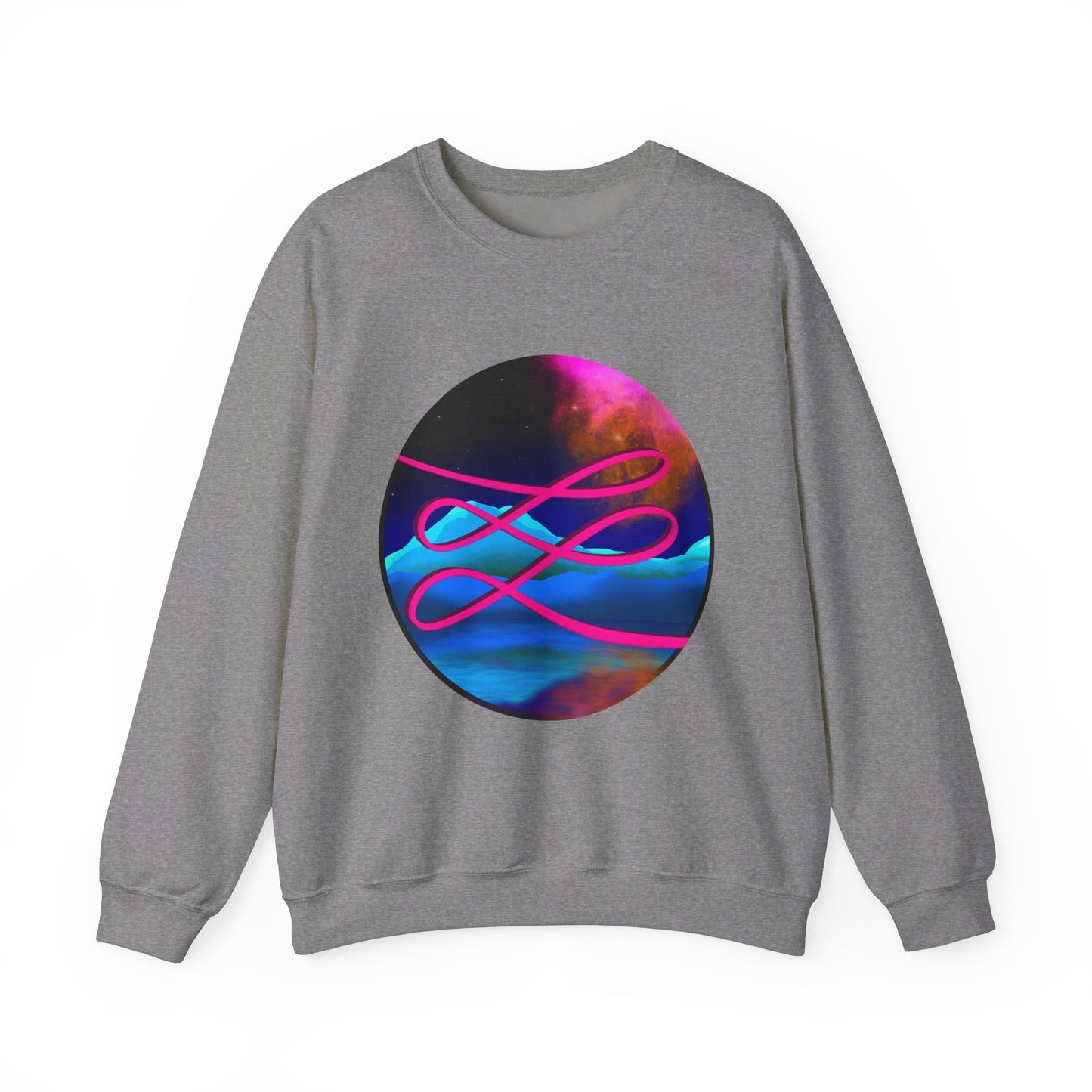This is the Graphite Heather Swirl Heavy Blend Crewneck Sweatshirt by Lee Hansheng Studios. It comes in sizes S-3XL. This shows the front of the sweatshirt. The illustration is circular and covers the front of the shirt. The design is a hot pink swirl from left to right. The background has a mountain landscape that is reflected. The colors are pink, black, orange and blue. The wrists and waists are hemmed. It is against a white background.