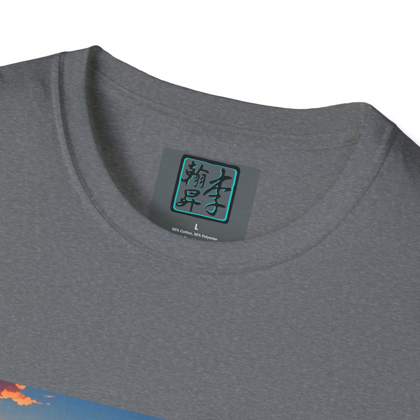 This is the Graphite Heather Temple of Peace Softstyle T-Shirt by Lee Hansheng Studios. It comes in sizes XS-5XL. This is an image of the t-shirt from the front but close up to the tag that is inside the shirt. There is the Lee Hansheng Studios logo printed in black and outlined in teal. The sizes are printed in white. This is all on a gray label. The shirt is against a white background.