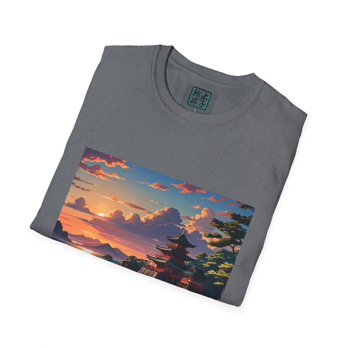 This is the Graphite Heather Temple of Peace Softstyle T-Shirt by Lee Hansheng Studios. It comes in sizes S-5XL. This is an image of the shirt from the front and folded. On the inside of the shirt there is the studio's logo. The illustration shows the top of the landscape. There is a setting red/orange sun above clouds, one blue roof,brown/red walled temples on the right thre are some trees and mountains in the background scenery. The t-shirt is against a white background.