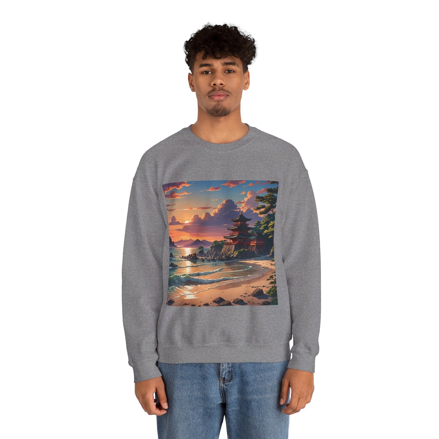 This is the Graphite Heather Temple of Peace Sweatshirt by Lee Hansheng Studios. It comes in sizes S-5XL. The illustration shows a setting red/orange sun above clouds,two blue roof,brown/red walled temples on the right on top of the hills,mountains,blue/white waves into sand and a forest to the right.On the bottom right corner is the logo printed in black for the studio and outlined in blue. A man standing to the front has the sweatshirt on and jeans. He is against a white background.