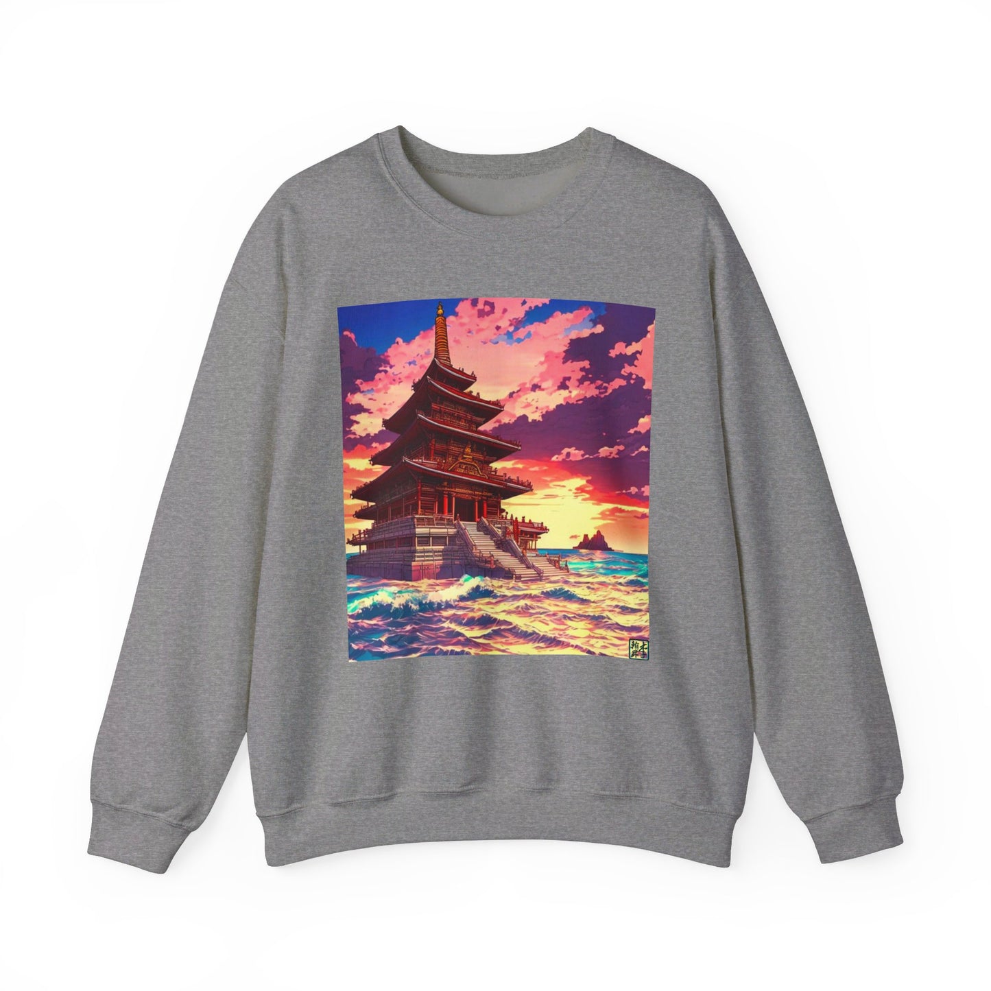 This is the Graphite Heather Temple on the Sea Heavy Blend Crewneck Sweatshirt by Lee Hansheng Studios. This comes in sizes S-3XL. This is an image of the front of the sweatshirt. The illustration has a temple with 4 stories on the left surround by crashing waves of the sea, mountains on the right in the background. There is a little bit of the sunset peeking through behind the temple. The colors are a mix of blues, pinks, reds and yellows. The image of the sweatshirt is against a white background.