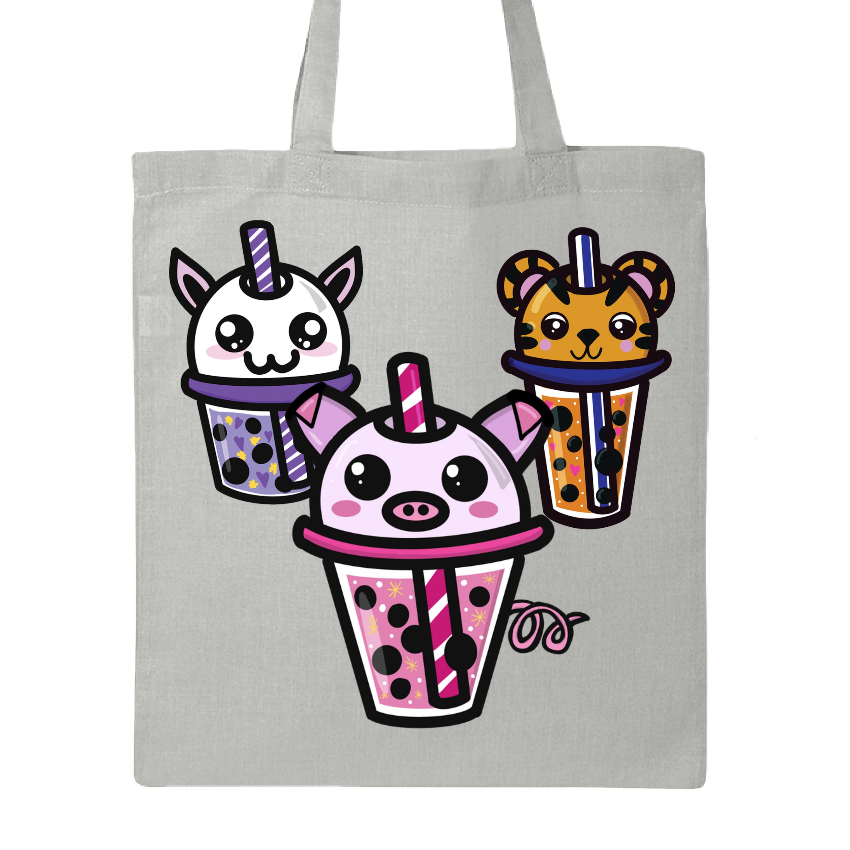 Front view highlighting the vibrant Boba Friends illustration on the textured canvas tote with sewn handles, showing its