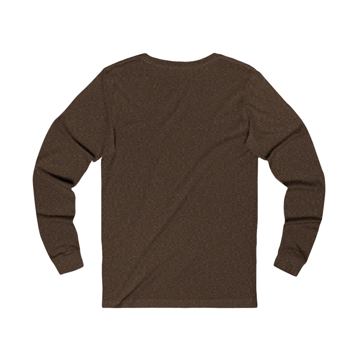 This is the Heather Brown Fall is falling Long Sleeve by Storm Garden Studio. This is showcasing the back side of the long sleeve. It is the color of the shirt and has minimal hemming on sleeves and the end of shirt. It is against a white background.