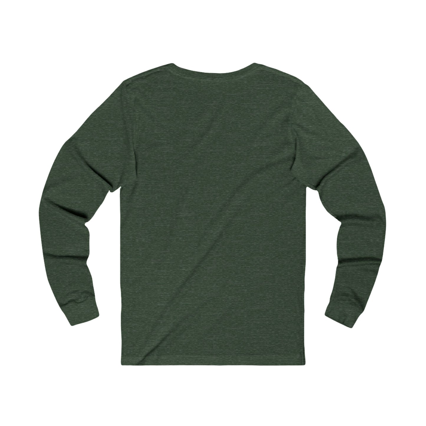 This is the Heather Forest Fall is falling Long Sleeve by Storm Garden Studio. This is showcasing the back side of the long sleeve. It is the color of the shirt and has minimal hemming on sleeves and the end of shirt. It is against a white background.