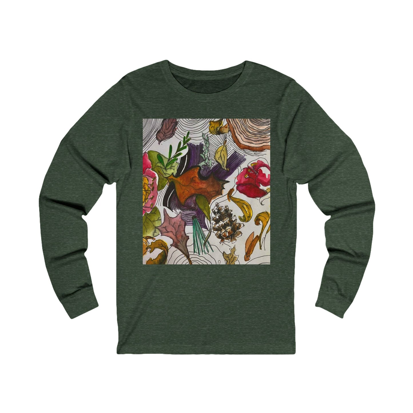 This is the Heather Forest Fall is falling Long Sleeve by Storm Garden Studio. This is showcasing the front of the long sleeve. The illustration on the front is within a rectangle starting from the collarbone area to below the belly button. There are various conifers like leaves, pine cones, etc. There are also some flowers and a tree trunk ring. The colors are red, yellow, dark brown, purples, and green. The shirt is against from a white background.