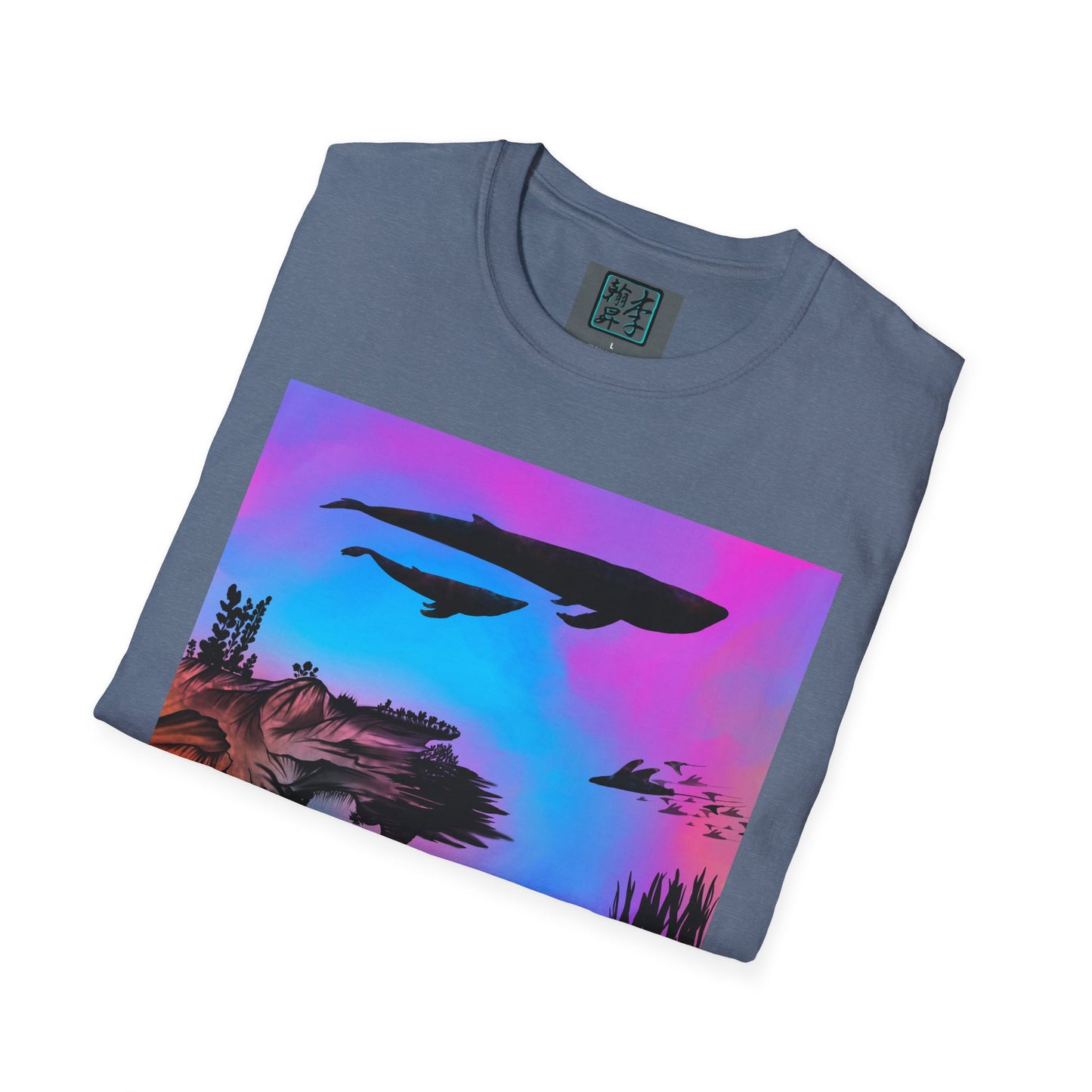This is the Heather Indigo Into the Abyss Softstyle T-Shirt by Lee Hansheng Studios. This shows the front of the shirt folded. The illustration is underwater seascape with aquatic plants on a marbled background. What can be seen is the two blue whales and a school of fish. The inside of the shirt has a gray label with the studio logo and the size label underneath printed in white. The shirt is against a white background.