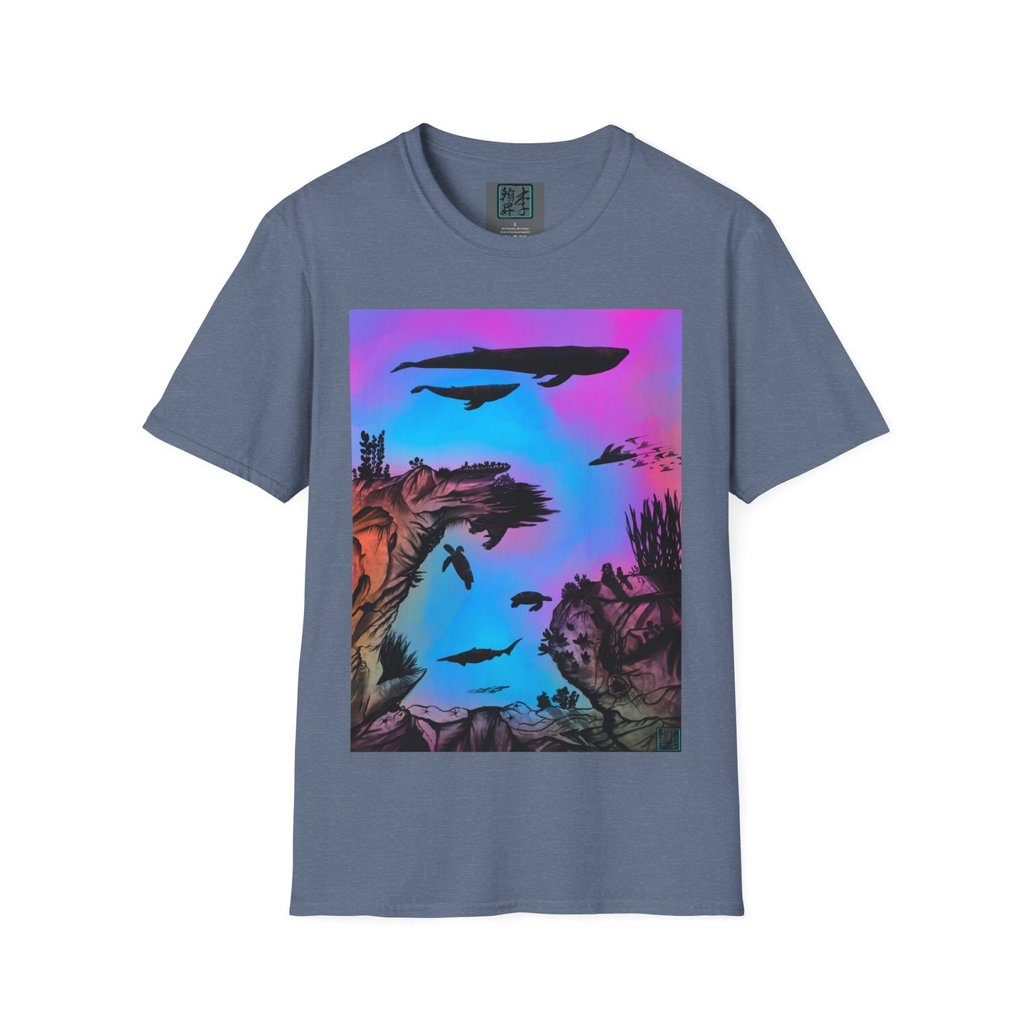 This is the Heather Indigo Into the Abyss V-Neck Tee by Lee Hansheng Studios. This shows the front of the shirt. The illustration is underwater seascape with aquatic plants on a marbled background. There are two blue whales, 1 goblin shark, school of eagle rays, two sea turtles and a school of fish. On the bottom right corner is the studio's logo printed in black outlined in blue. The inside of the shirt has a gray label with the studio logo and the size label underneath printed in white.