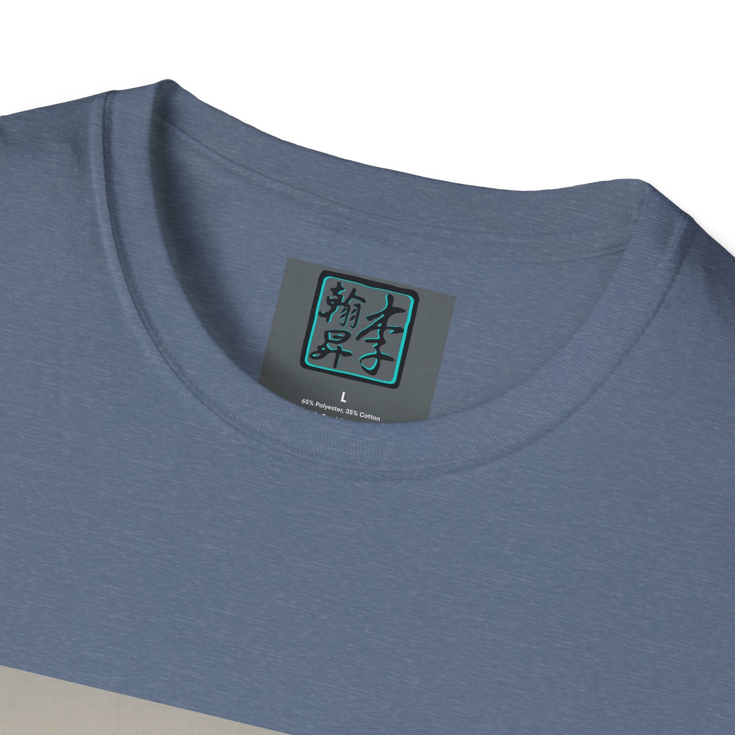 This is the Heather Indigo Landing T-Shirt by Lee Hansheng Studios. This is a close up of the front. On the inside of the shirt is the logo for the studio printed in black outlined in blue, gray size label with the print being white. The shirt is against a white background.