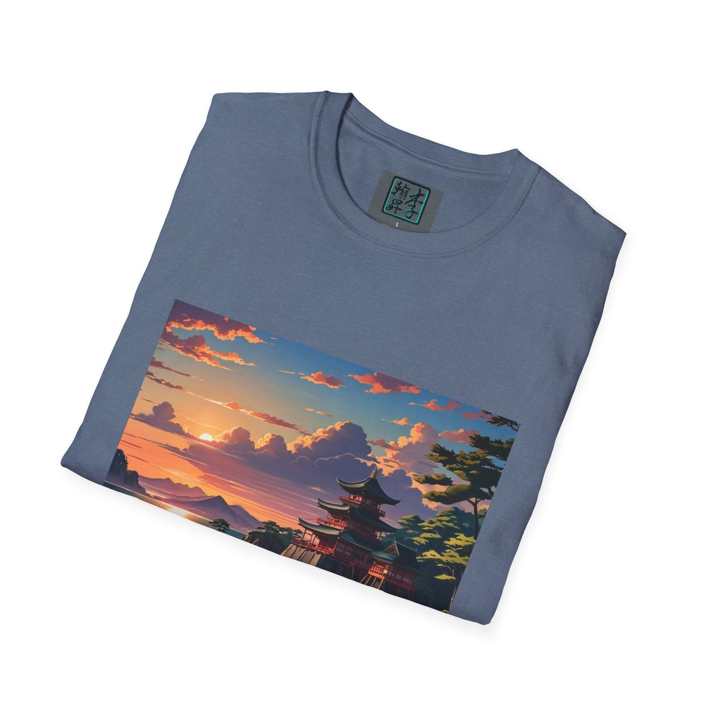 This is the Heather Indigo Temple of Peace Softstyle T-Shirt by Lee Hansheng Studios. It comes in sizes S-5XL. This is an image of the shirt from the front and folded. On the inside of the shirt there is the studio's logo. The illustration shows the top of the landscape. There is a setting red/orange sun above clouds, one blue roof,brown/red walled temples on the right thre are some trees and mountains in the background scenery. The t-shirt is against a white background.