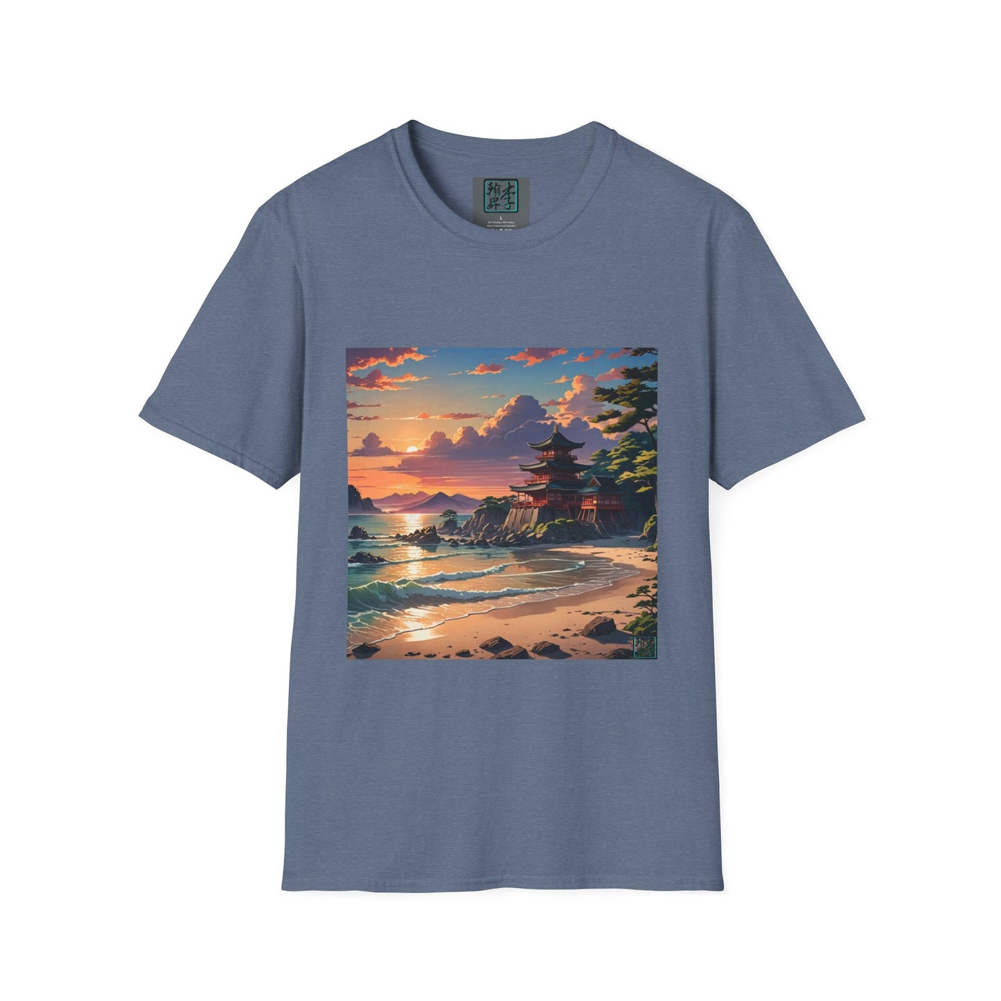 This is the Heather Indigo Temple of Peace Softstyle T-Shirt by Lee Hansheng Studios. It comes in sizes S-5XL. This is an image of the shirt from the front. On the inside of the shirt there is the studio's logo. The illustration shows a setting red/orange sun above clouds,two blue roof,brown/red walled temples on the right on top of the hills,mountains,blue/white waves into sand and a forest to the right.On the bottom right corner is the logo printed in black for the studio and outlined in blue.