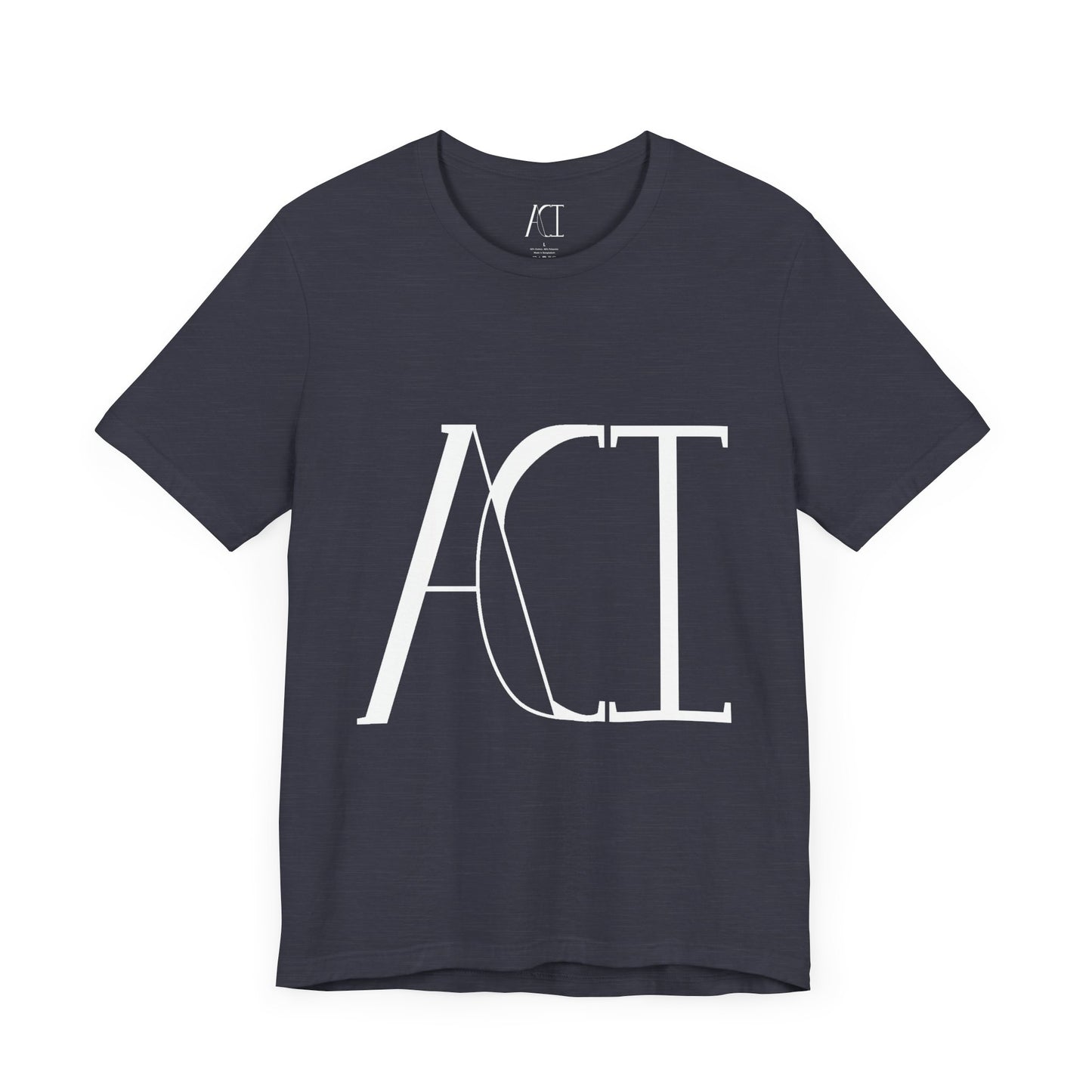 This is a heather midnight navy crewneck ACI t-shirt. The front showcases a large ACI logo in the middle of the shirt. The print is white and is printed with the size label in white on the inside of the shirt. The tab also has the ACI logo.
