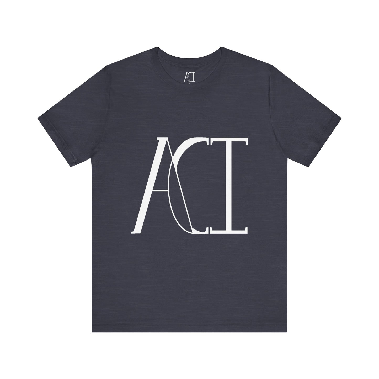 This is a heather midnight navy crewneck ACI t-shirt. The front showcases a large ACI logo in the middle of the shirt. The print is white and is printed with the size label in white on the inside of the shirt. The tab also has the ACI logo. This is the flat front picture of the shirt.