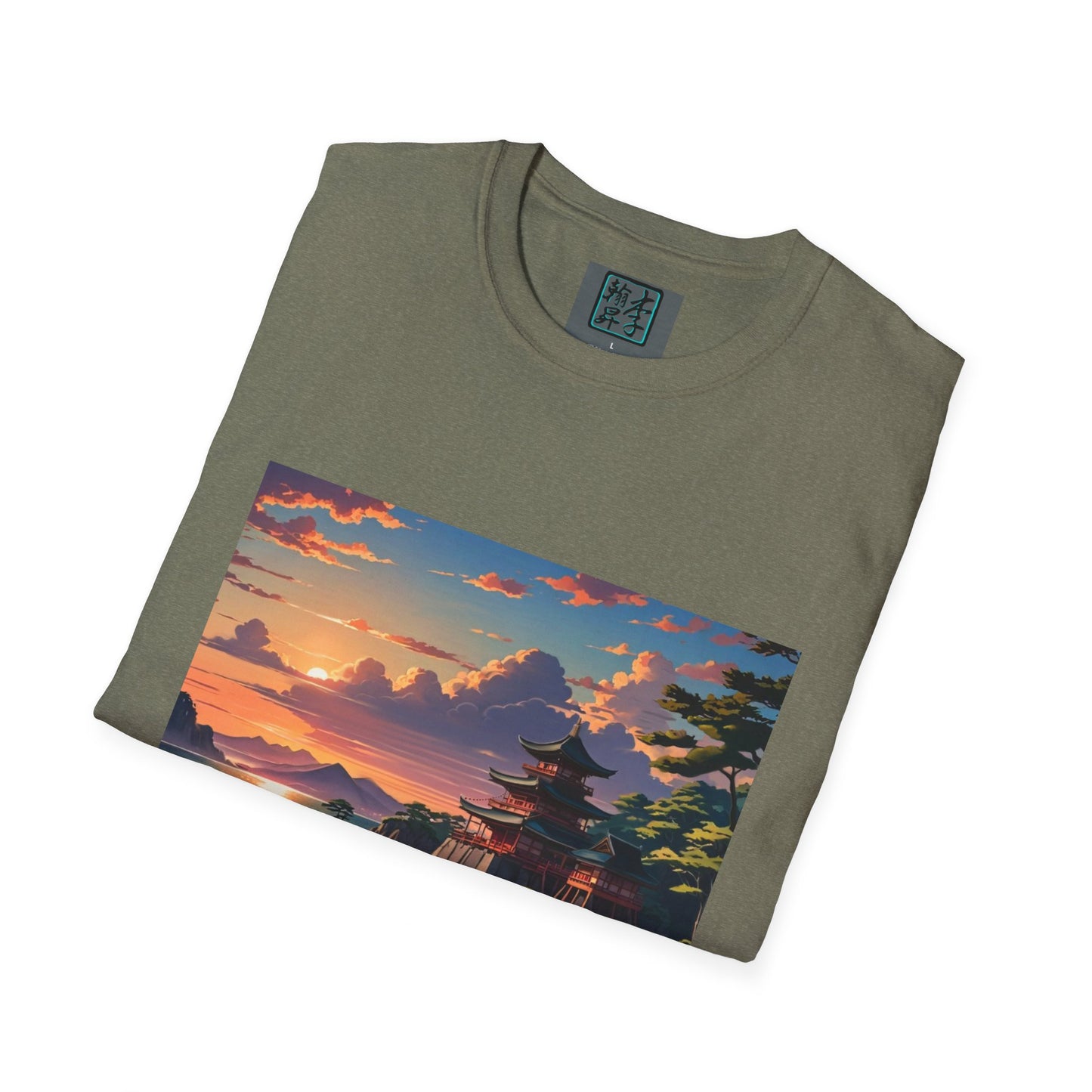 This is the Heather Military Green Temple of Peace Softstyle T-Shirt by Lee Hansheng Studios. It comes in sizes S-5XL. This is an image of the shirt from the front and folded. On the inside of the shirt there is the studio's logo. The illustration shows the top of the landscape. There is a setting red/orange sun above clouds, one blue roof,brown/red walled temples on the right thre are some trees and mountains in the background scenery. The t-shirt is against a white background.