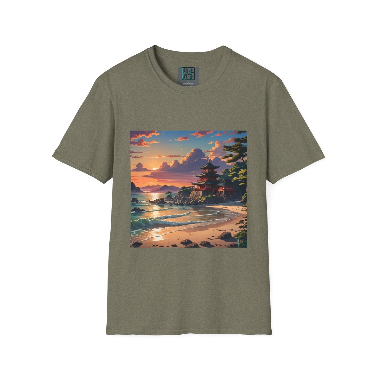 This is the Heather Military Green Temple of Peace Softstyle T-Shirt by Lee Hansheng Studios. It comes in sizes S-5XL. This is an image of the shirt from the front. On the inside of the shirt there is the studio's logo. The illustration shows a setting red/orange sun above clouds,two blue roof,brown/red walled temples on the right on top of the hills,mountains,blue/white waves into sand and a forest to the right.On the bottom right corner is the logo printed in black for the studio and outlined in blue.