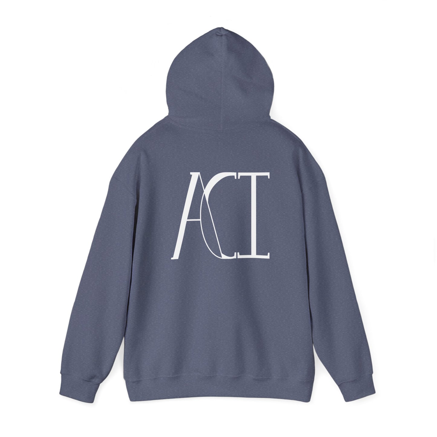 This is a heather navy ACI hoodie showcasing the back of it. The hood is lifted up and the ACI logo is between the shoulder blades. The logo printed is white. The sleeves and end of the hoodie have stitching by the wrist and waist areas. The rest of the hoodie is the color heather navy.